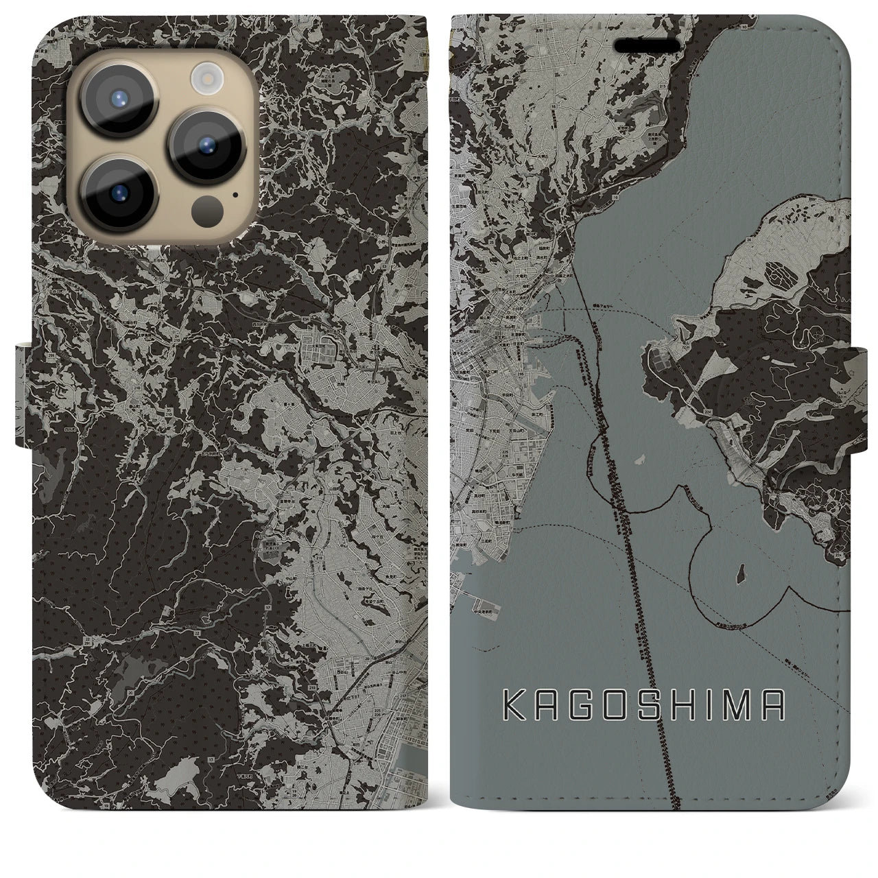【鹿児島(鹿児島県)】地図柄iPhoneケース(手帳タイプ)モノトーン・iPhone 14 Pro Max 用