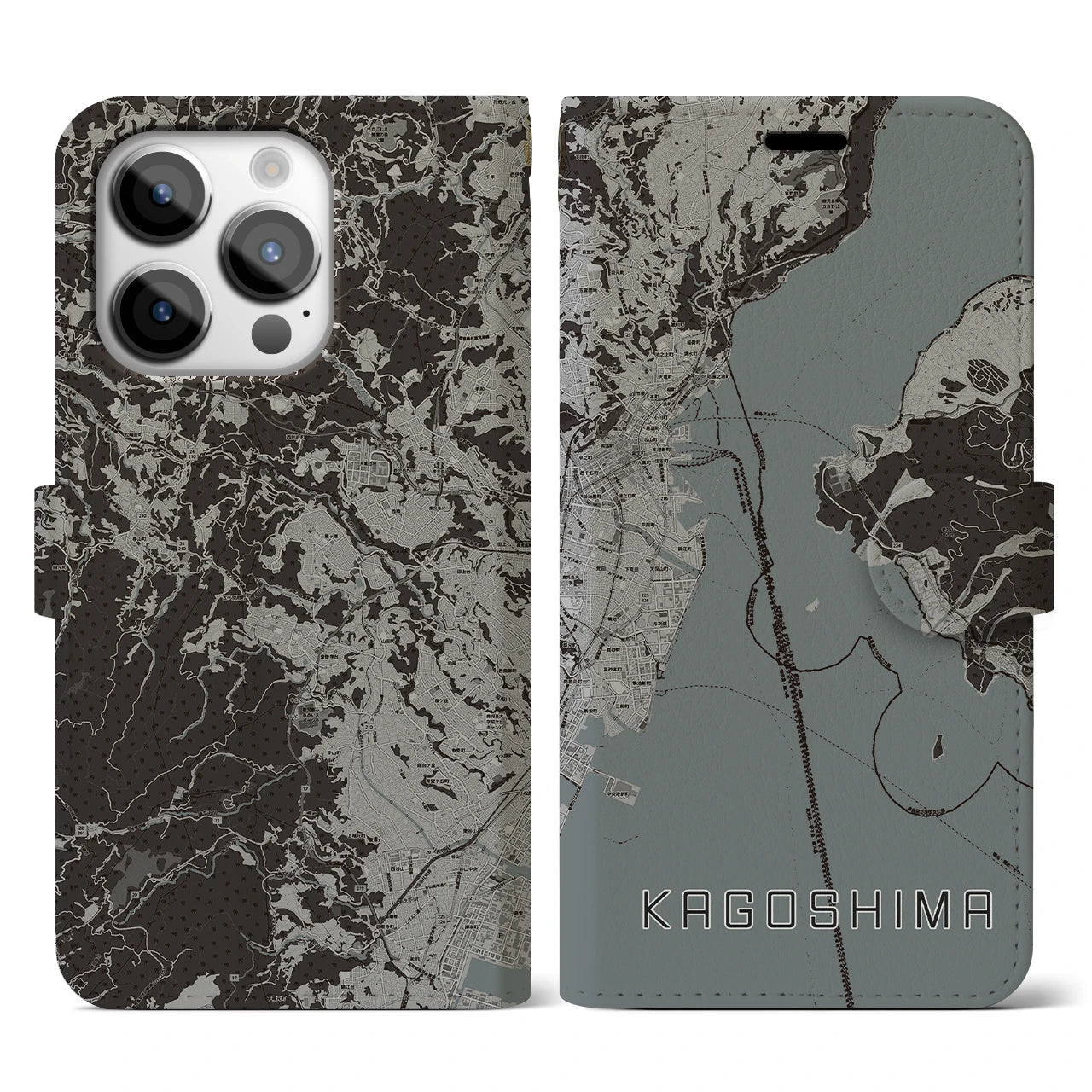 【鹿児島(鹿児島県)】地図柄iPhoneケース(手帳タイプ)モノトーン・iPhone 14 Pro 用