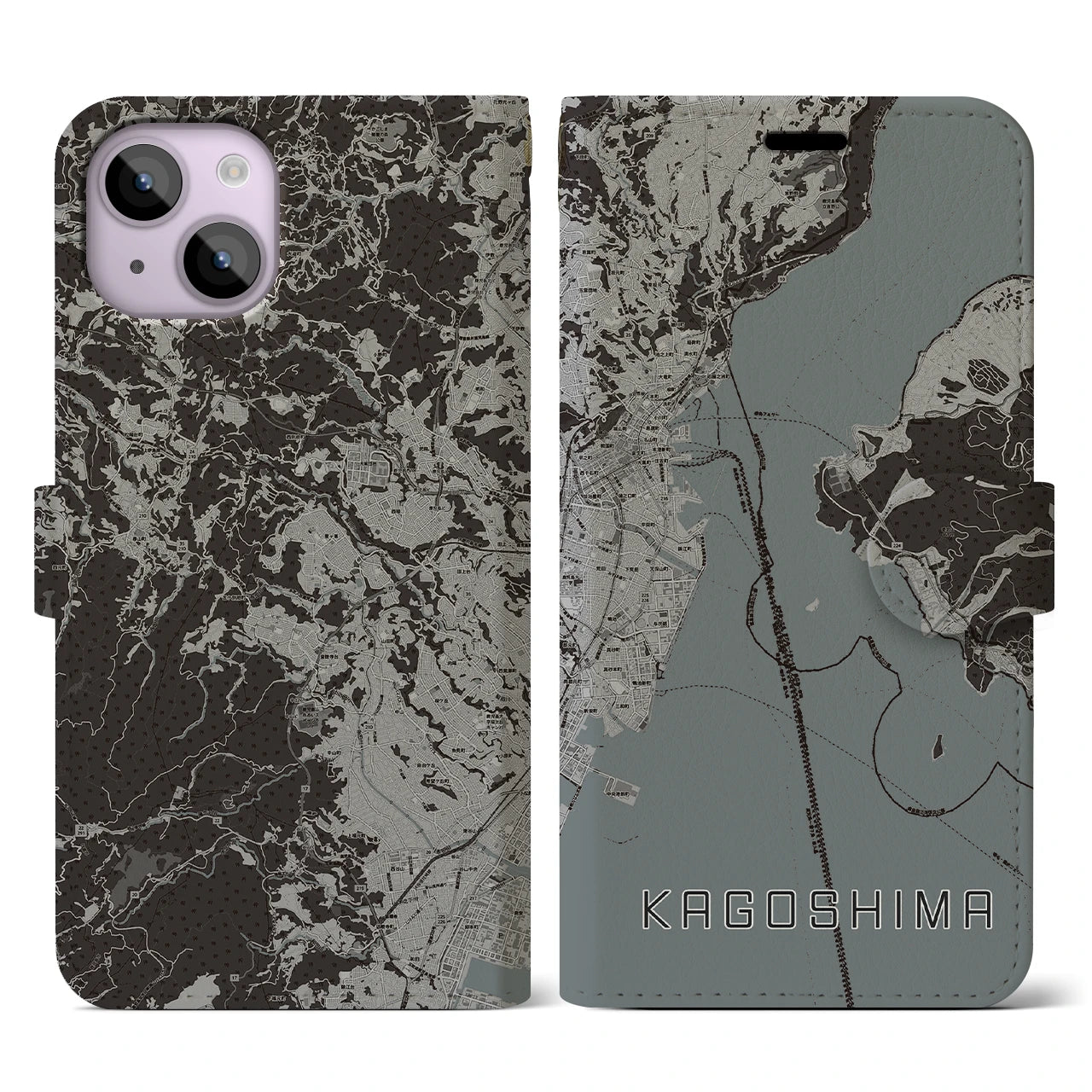 【鹿児島(鹿児島県)】地図柄iPhoneケース(手帳タイプ)モノトーン・iPhone 14 用