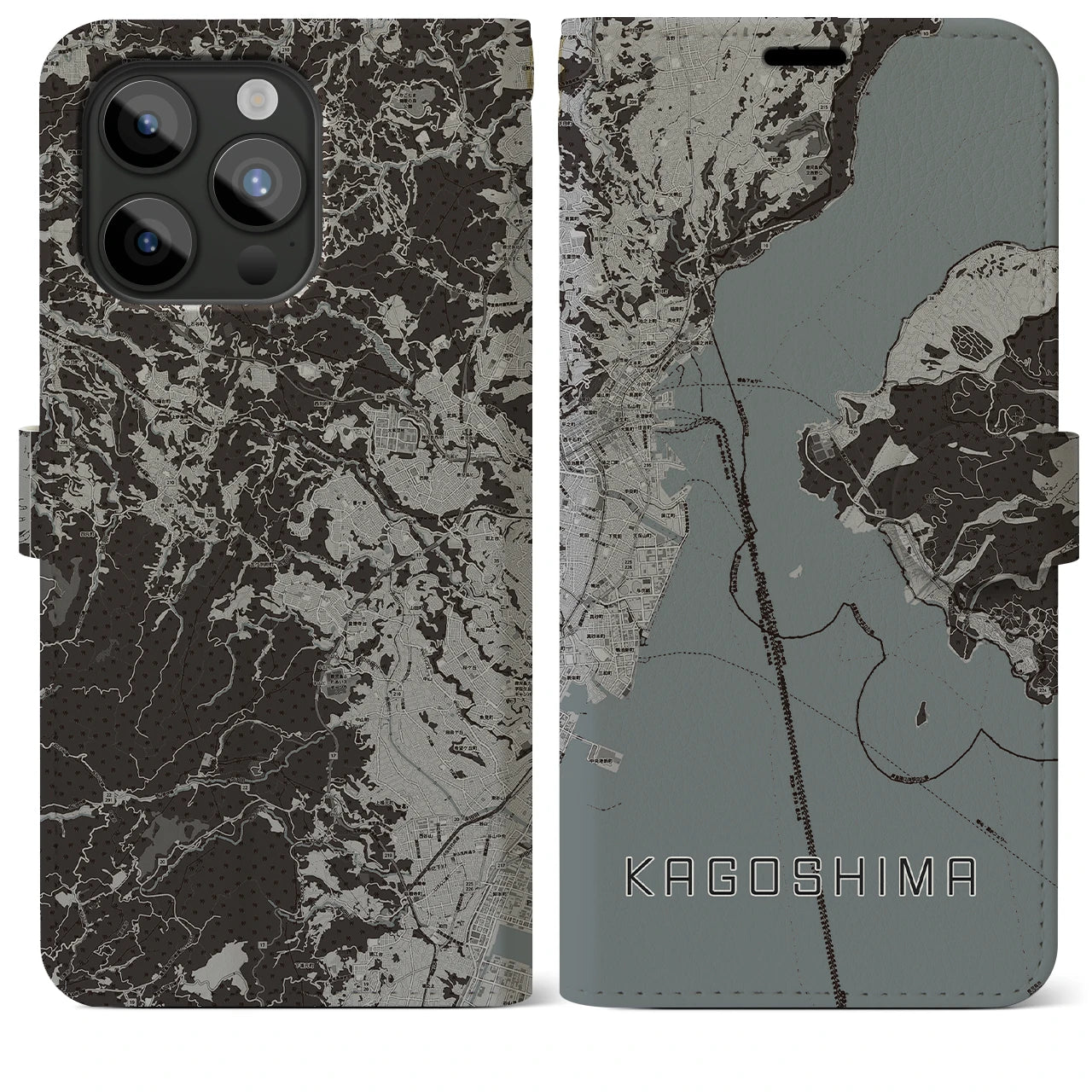 【鹿児島(鹿児島県)】地図柄iPhoneケース(手帳タイプ)モノトーン・iPhone 15 Pro Max 用