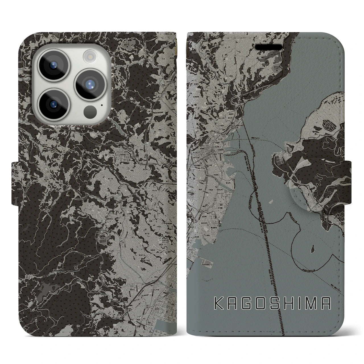 【鹿児島(鹿児島県)】地図柄iPhoneケース(手帳タイプ)モノトーン・iPhone 15 Pro 用