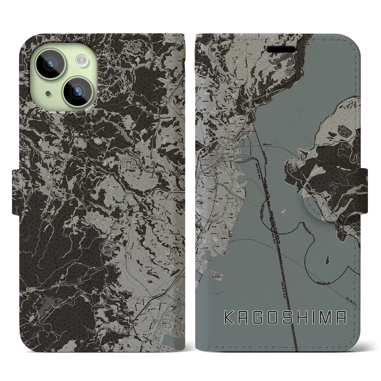 【鹿児島(鹿児島県)】地図柄iPhoneケース(手帳タイプ)モノトーン・iPhone 15 用
