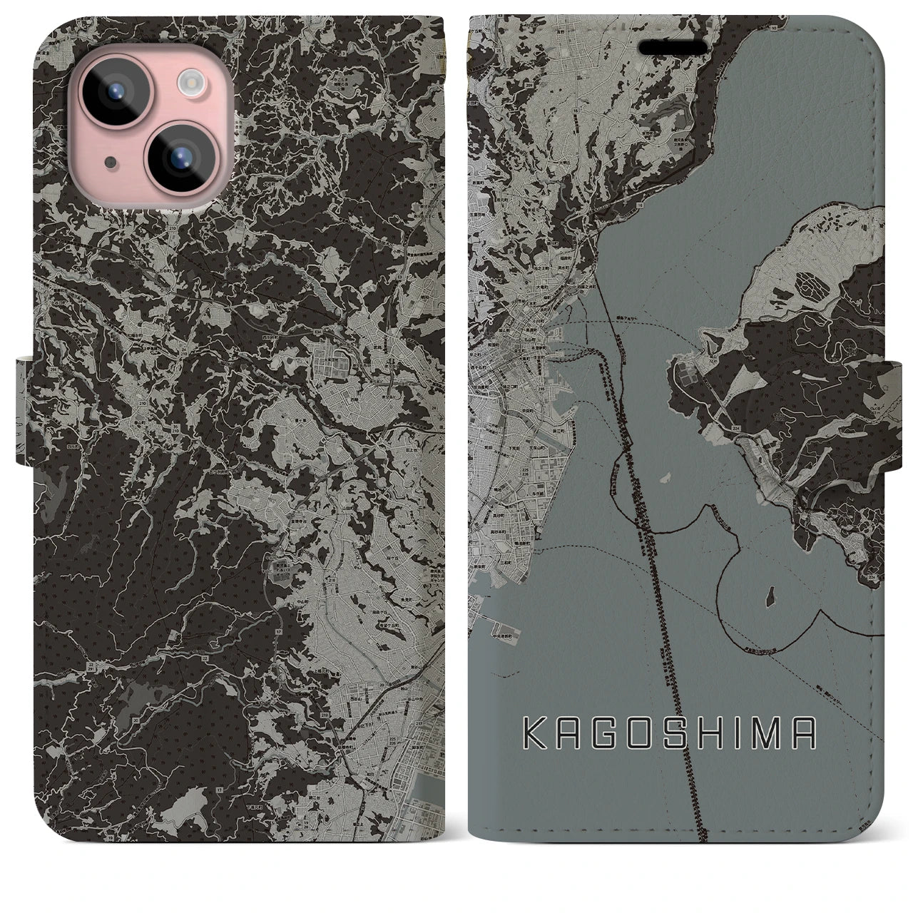 【鹿児島(鹿児島県)】地図柄iPhoneケース(手帳タイプ)モノトーン・iPhone 15 Plus 用