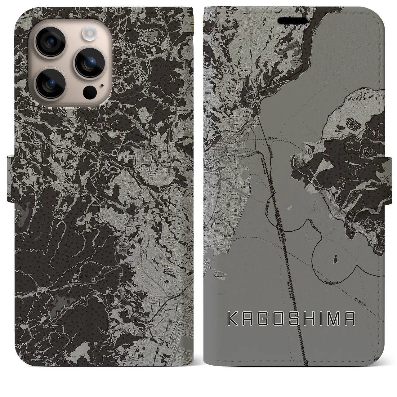【鹿児島(鹿児島県)】地図柄iPhoneケース(手帳タイプ)モノトーン・iPhone 16 Plus 用
