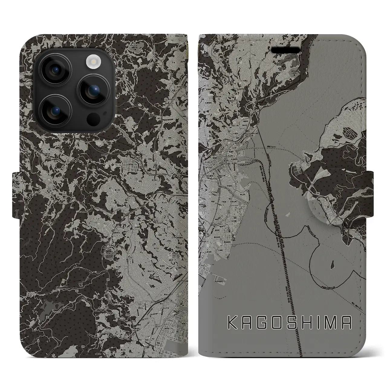 【鹿児島(鹿児島県)】地図柄iPhoneケース(手帳タイプ)モノトーン・iPhone 16 用