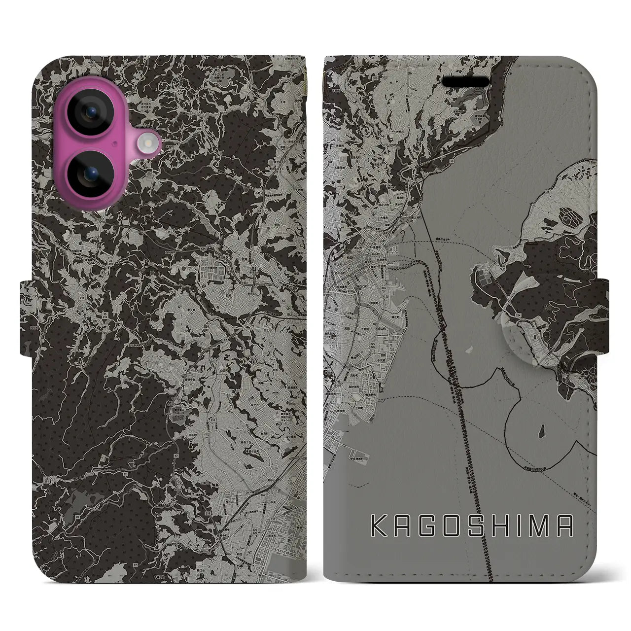 【鹿児島(鹿児島県)】地図柄iPhoneケース(手帳タイプ)モノトーン・iPhone 16 Pro 用