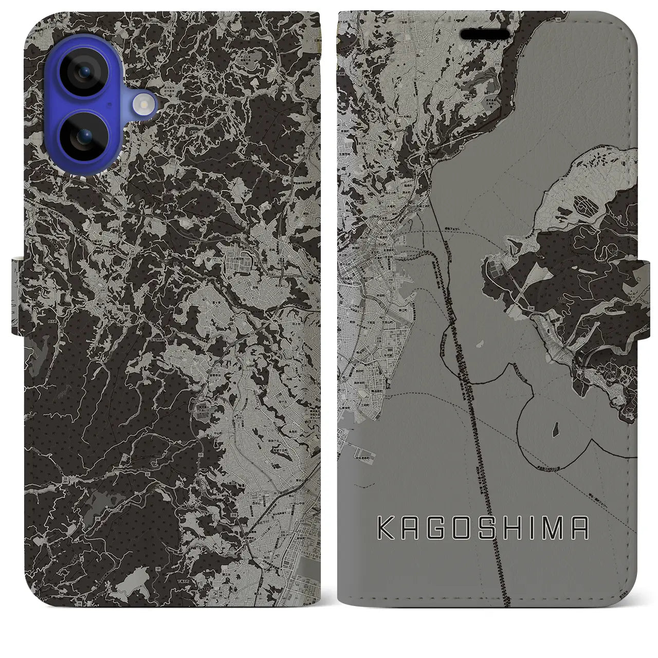 【鹿児島(鹿児島県)】地図柄iPhoneケース(手帳タイプ)モノトーン・iPhone 16 Pro Max 用