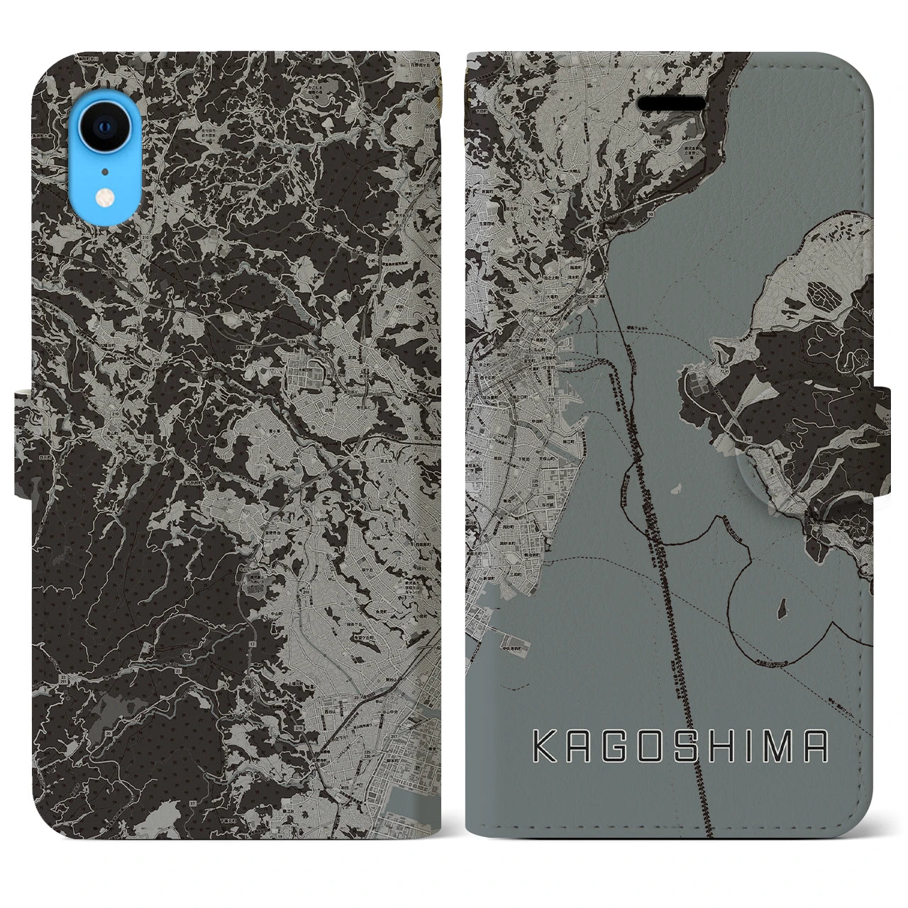【鹿児島(鹿児島県)】地図柄iPhoneケース(手帳タイプ)モノトーン・iPhone XR 用