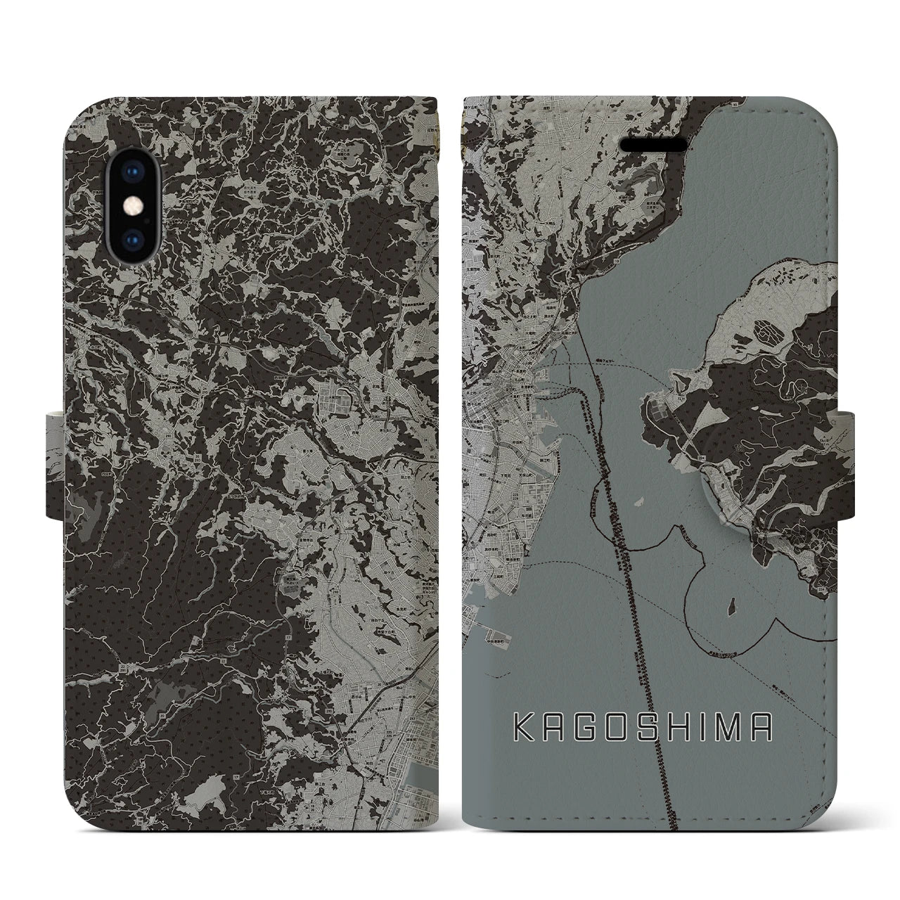 【鹿児島(鹿児島県)】地図柄iPhoneケース(手帳タイプ)モノトーン・iPhone XS / X 用