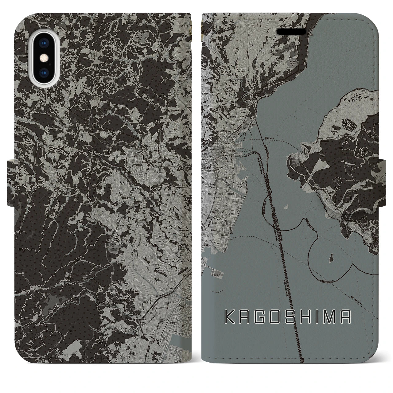 【鹿児島(鹿児島県)】地図柄iPhoneケース(手帳タイプ)モノトーン・iPhone XS Max 用