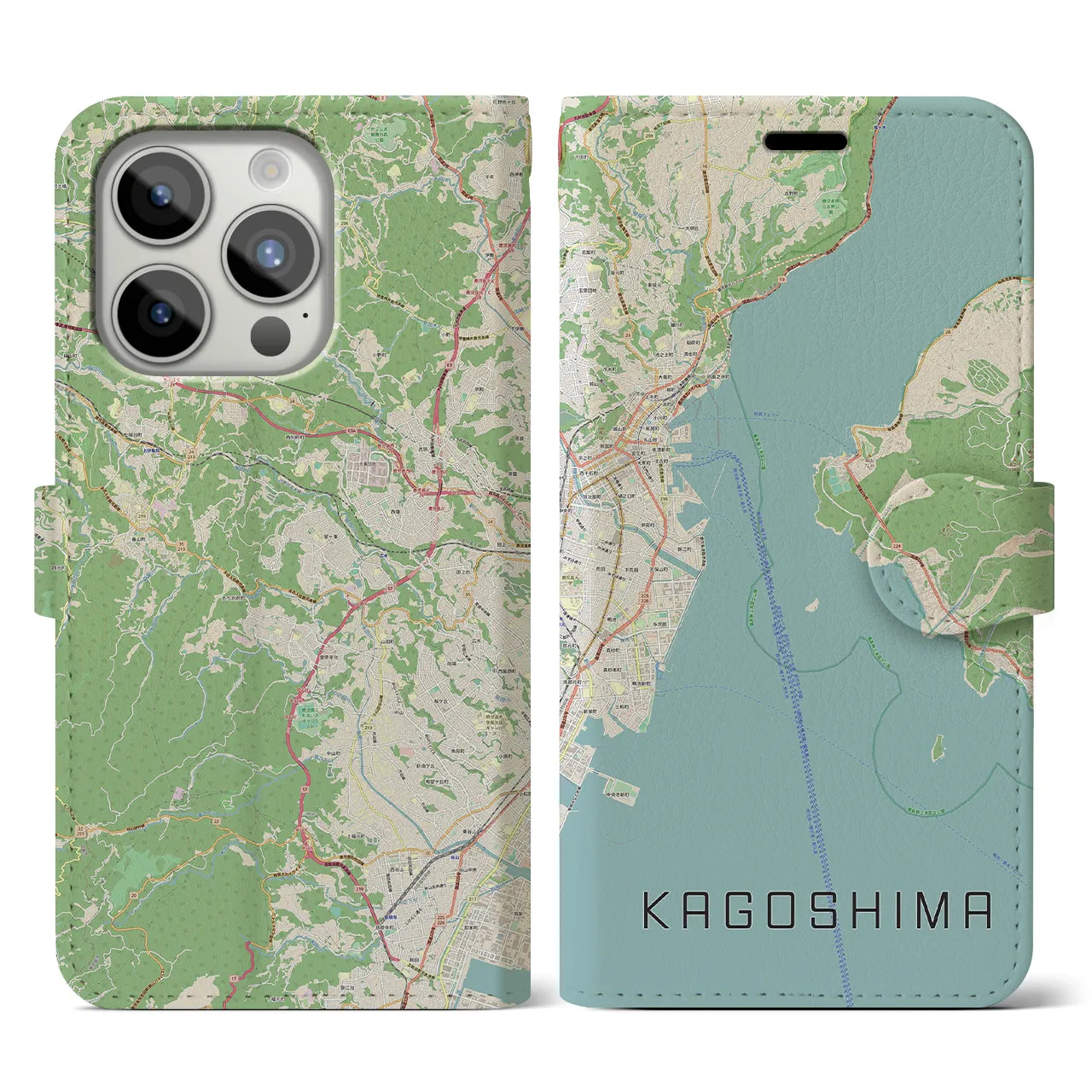 【鹿児島(鹿児島県)】地図柄iPhoneケース(手帳タイプ)ナチュラル・iPhone 15 Pro 用
