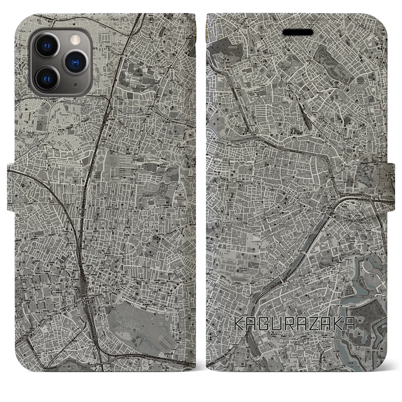 【神楽坂(東京都)】地図柄iPhoneケース(手帳タイプ)モノトーン・iPhone 11 Pro Max 用