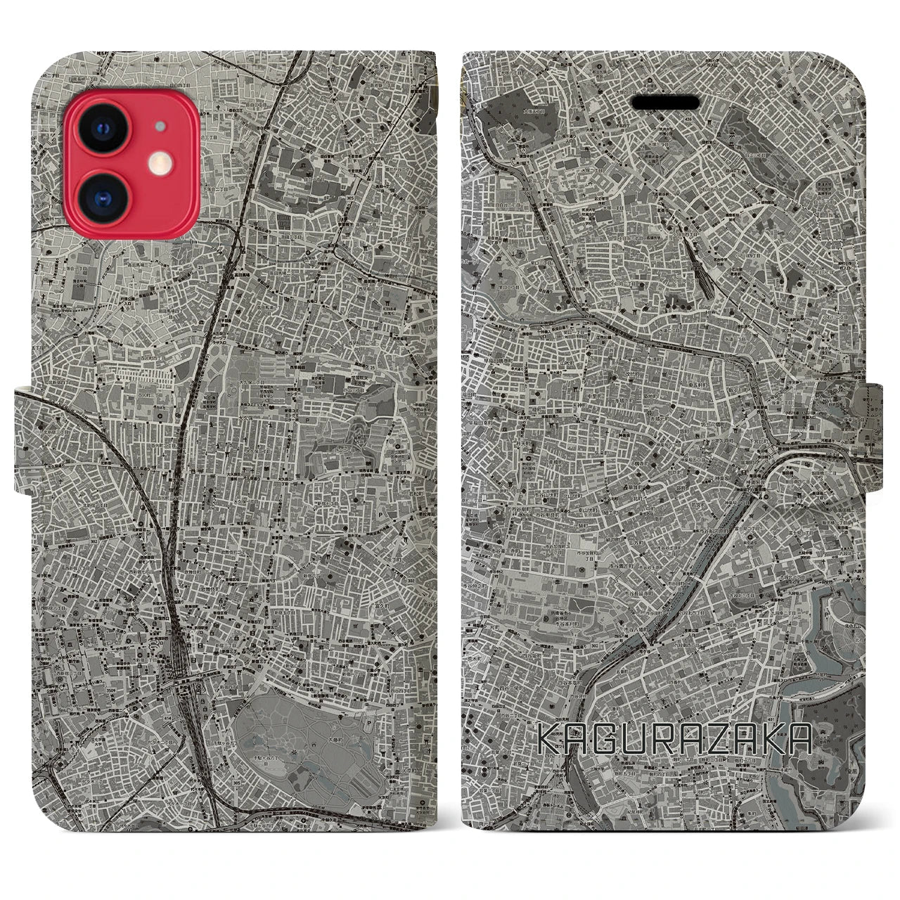 【神楽坂(東京都)】地図柄iPhoneケース(手帳タイプ)モノトーン・iPhone 11 用