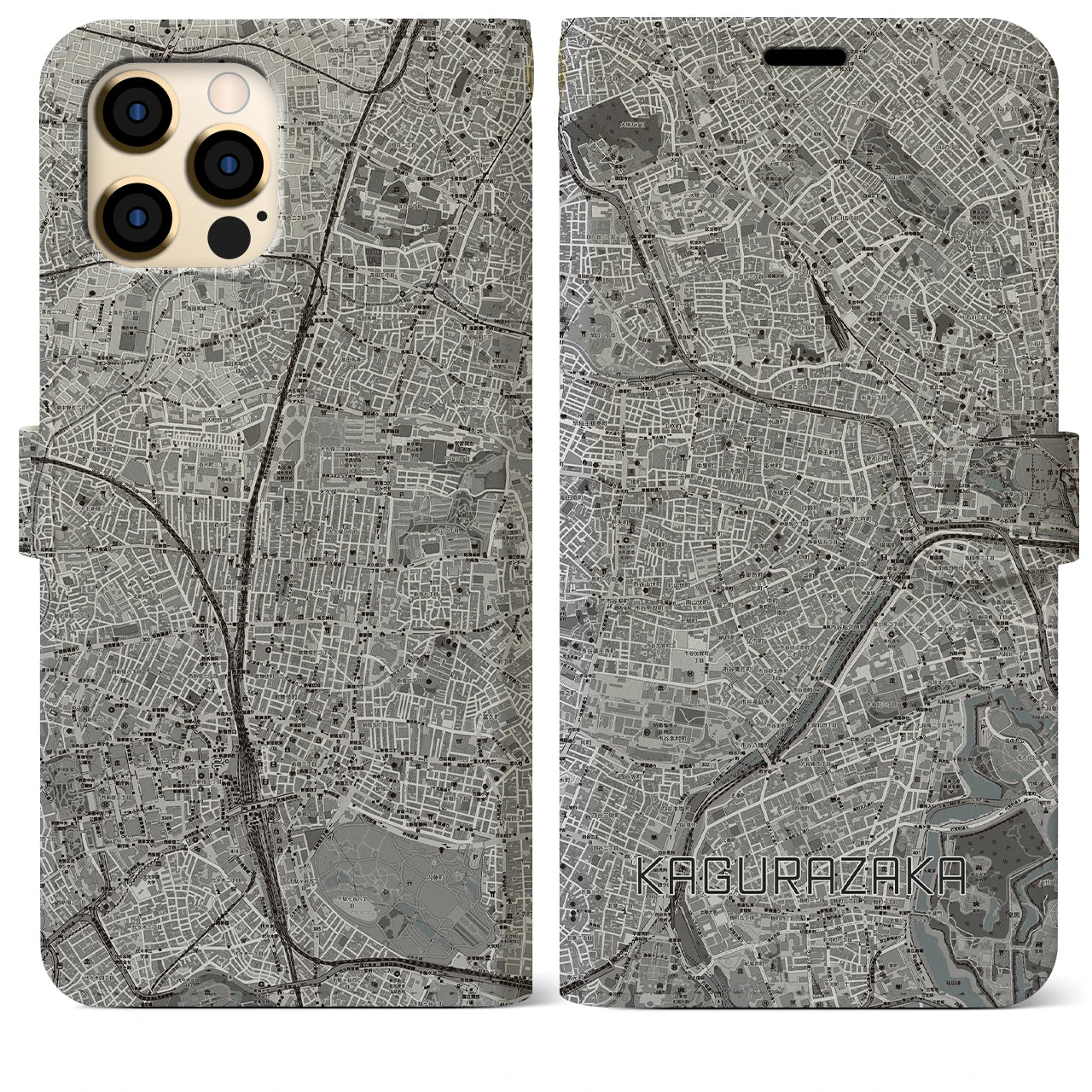 【神楽坂(東京都)】地図柄iPhoneケース(手帳タイプ)モノトーン・iPhone 12 Pro Max 用