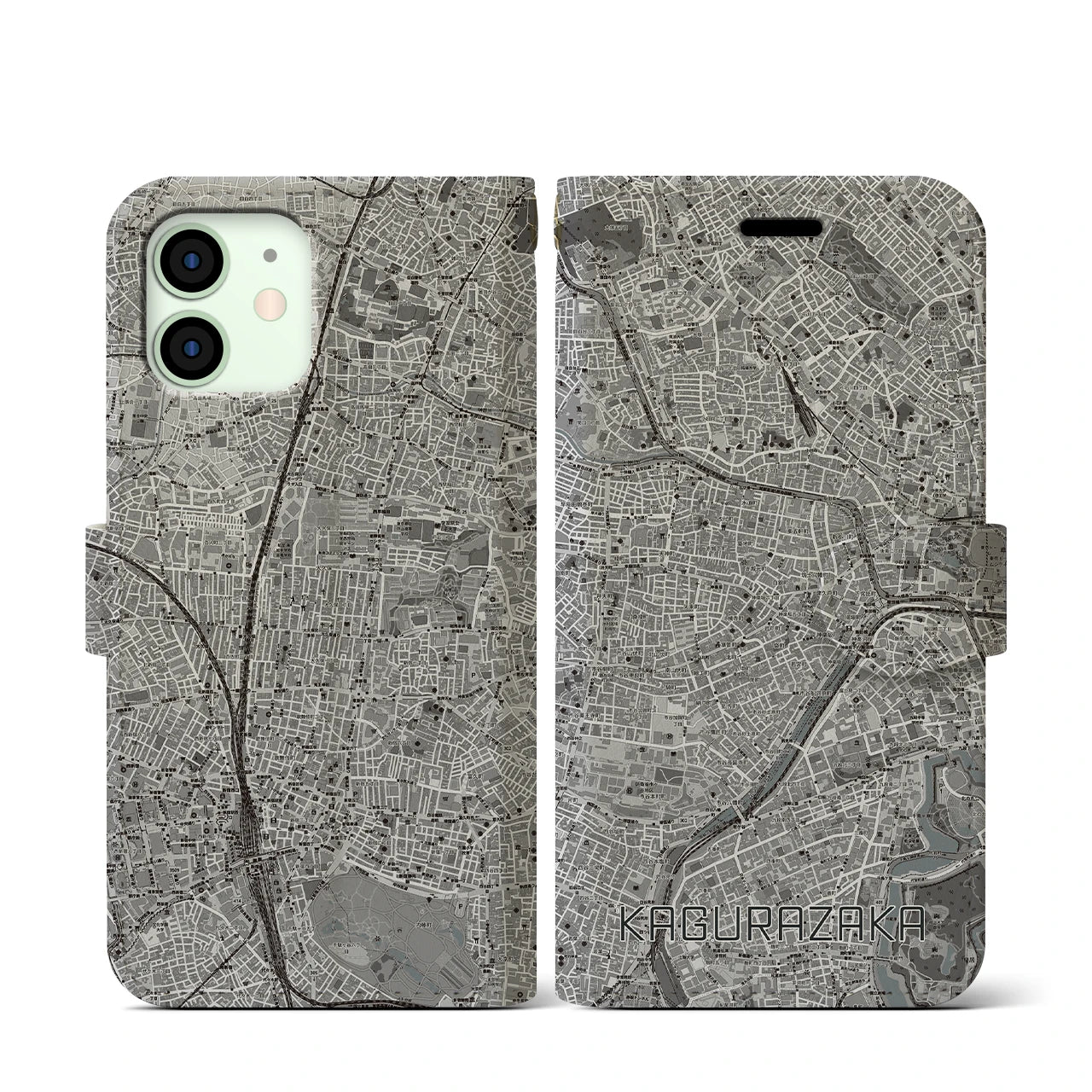 【神楽坂(東京都)】地図柄iPhoneケース(手帳タイプ)モノトーン・iPhone 12 mini 用