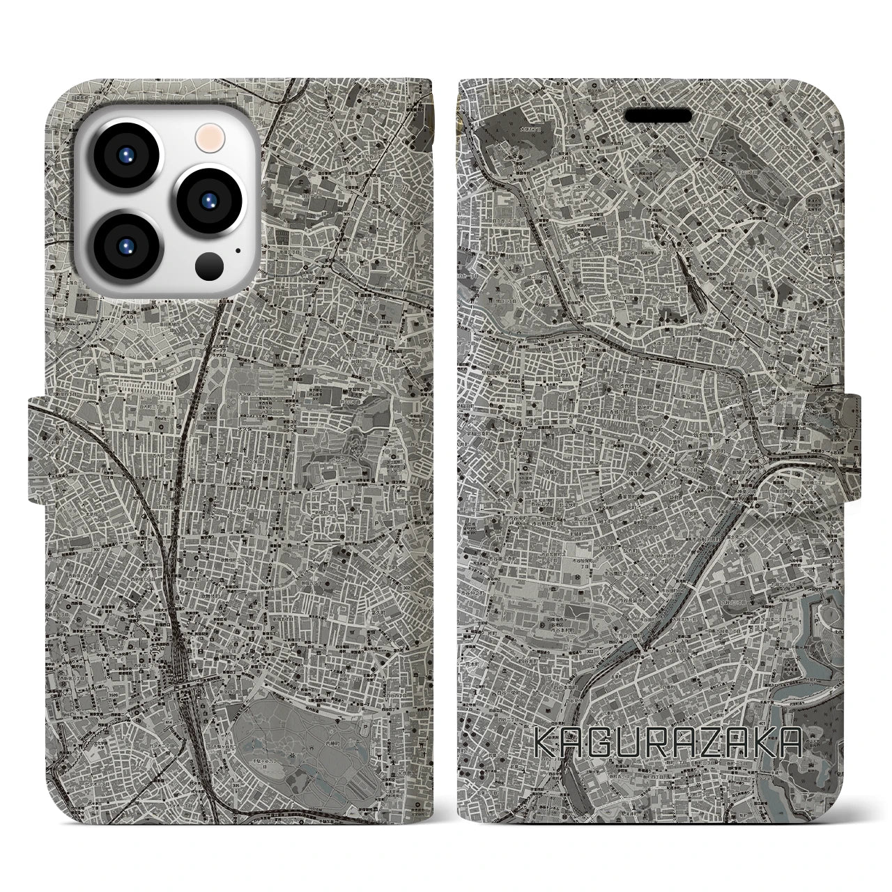 【神楽坂(東京都)】地図柄iPhoneケース(手帳タイプ)モノトーン・iPhone 13 Pro 用