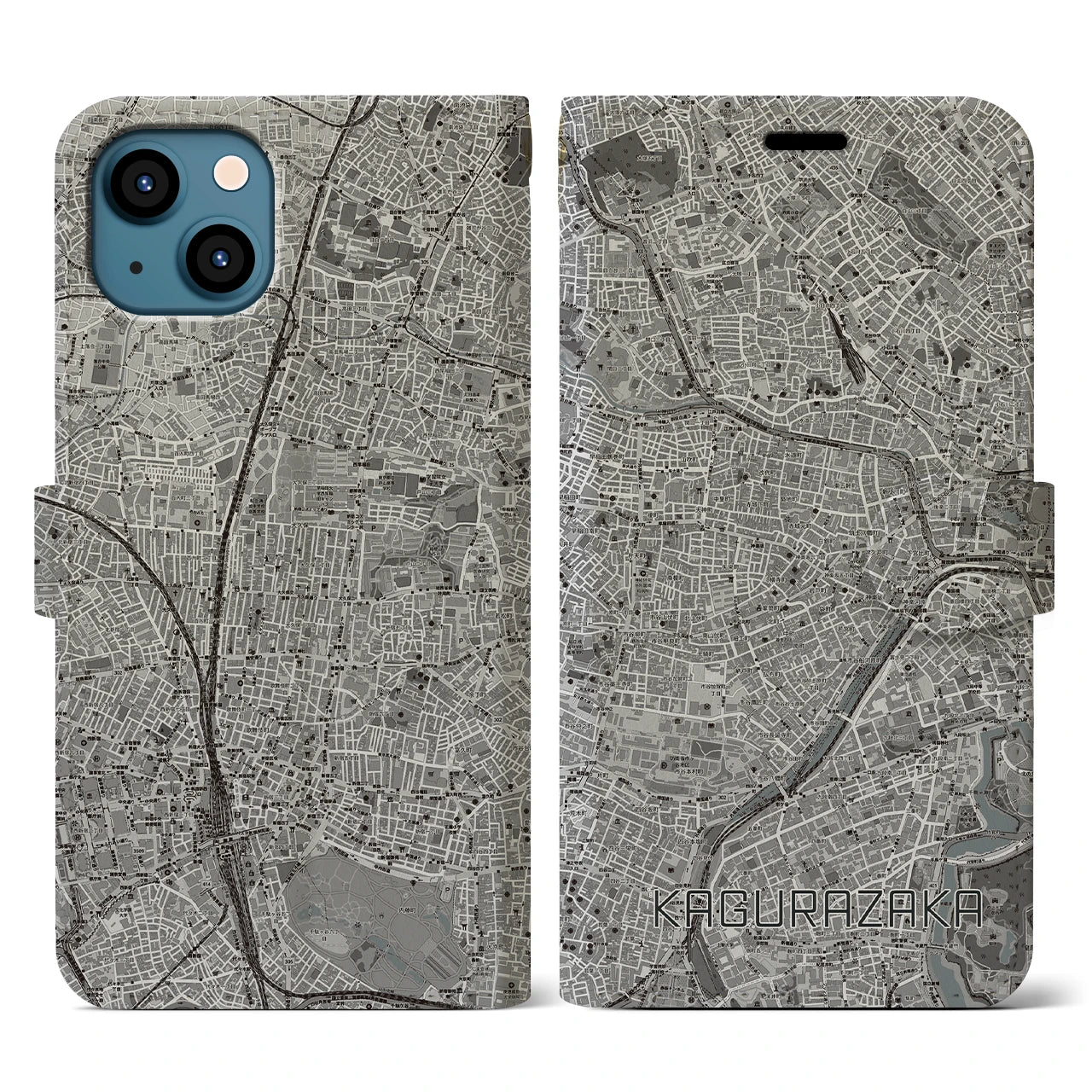 【神楽坂(東京都)】地図柄iPhoneケース(手帳タイプ)モノトーン・iPhone 13 用