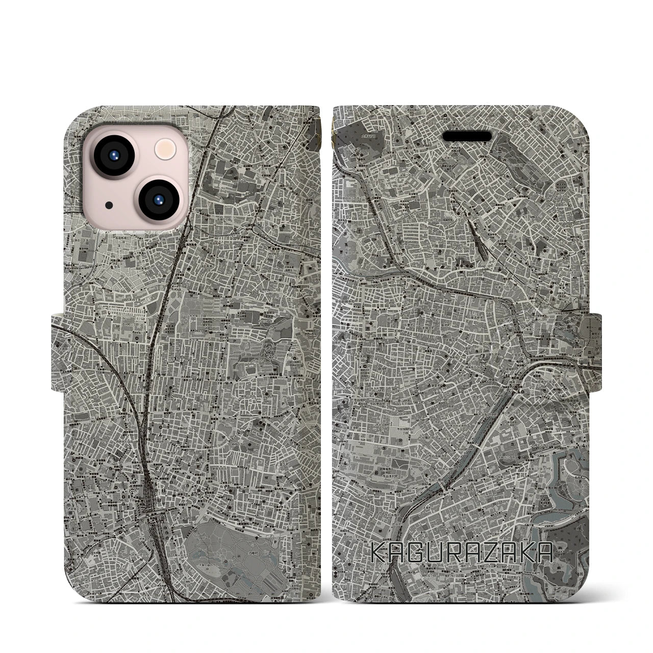 【神楽坂(東京都)】地図柄iPhoneケース(手帳タイプ)モノトーン・iPhone 13 mini 用