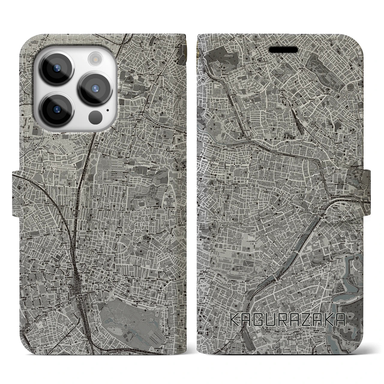 【神楽坂(東京都)】地図柄iPhoneケース(手帳タイプ)モノトーン・iPhone 14 Pro 用