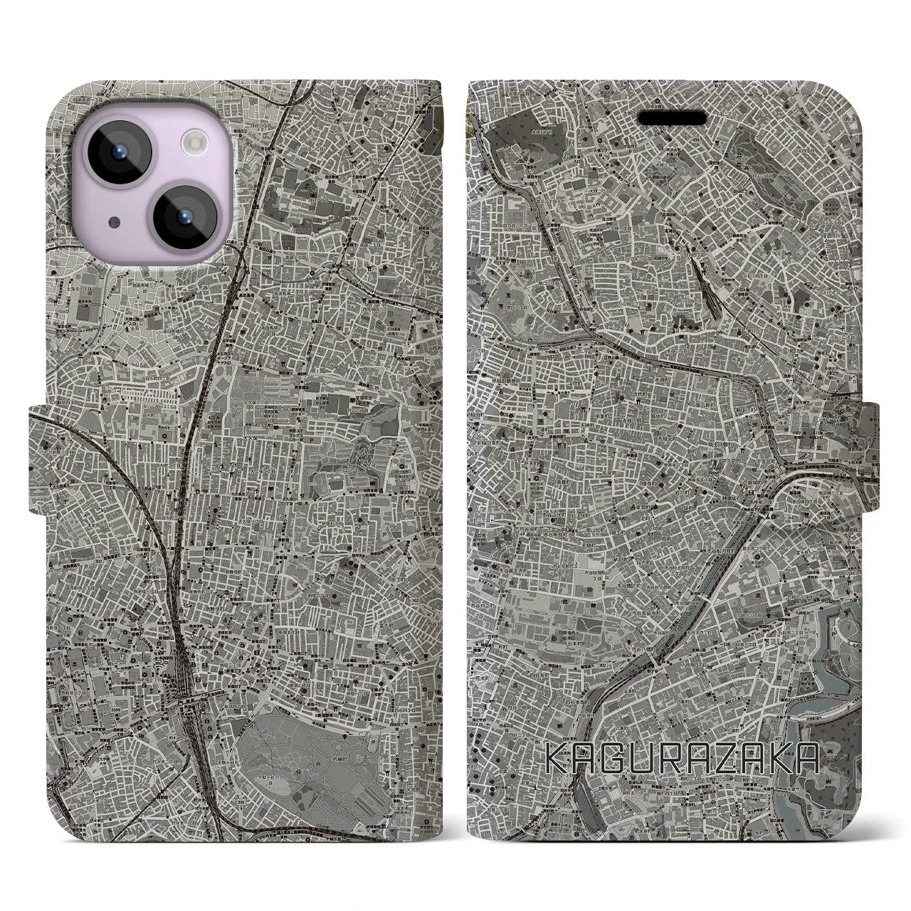 【神楽坂(東京都)】地図柄iPhoneケース(手帳タイプ)モノトーン・iPhone 14 用