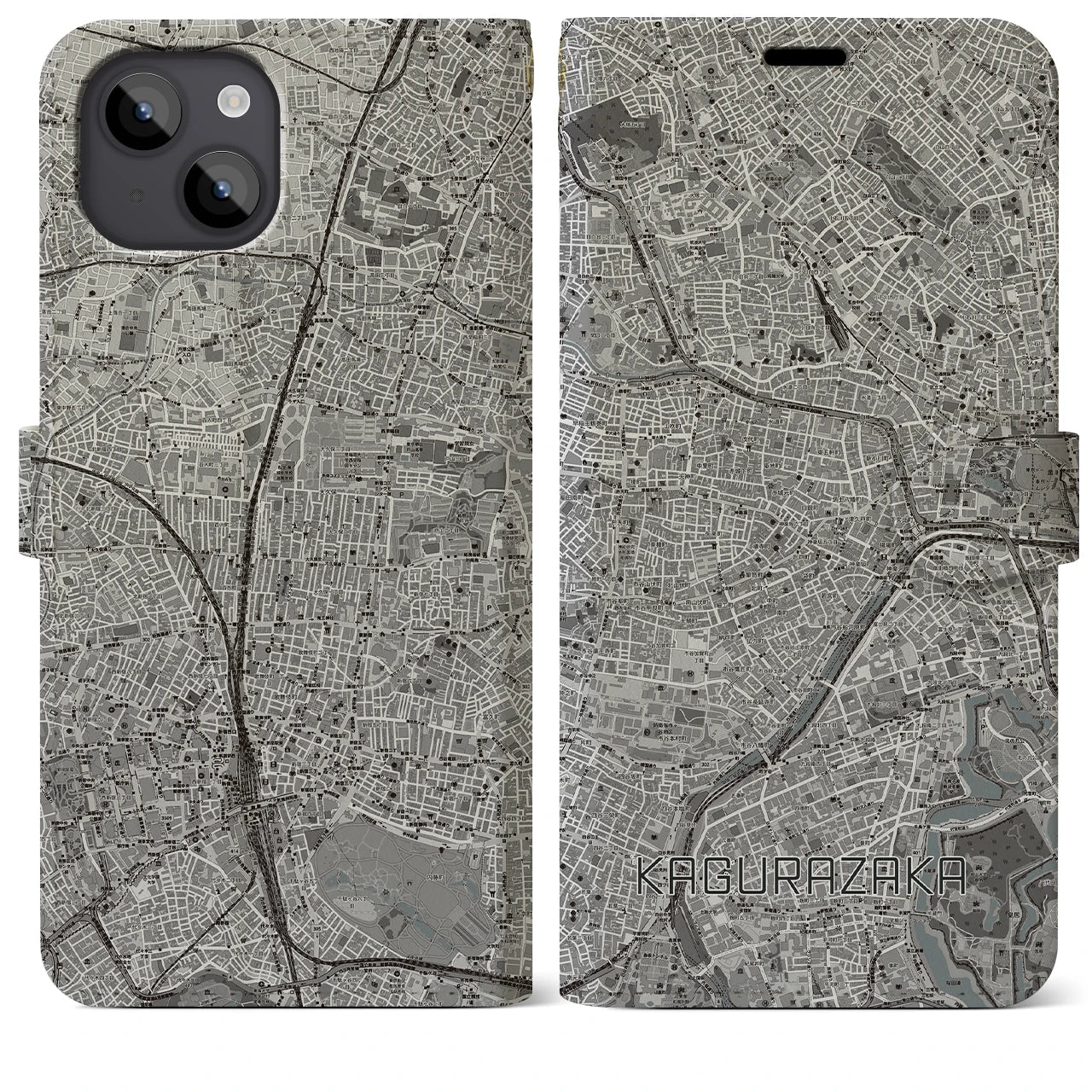 【神楽坂(東京都)】地図柄iPhoneケース(手帳タイプ)モノトーン・iPhone 14 Plus 用