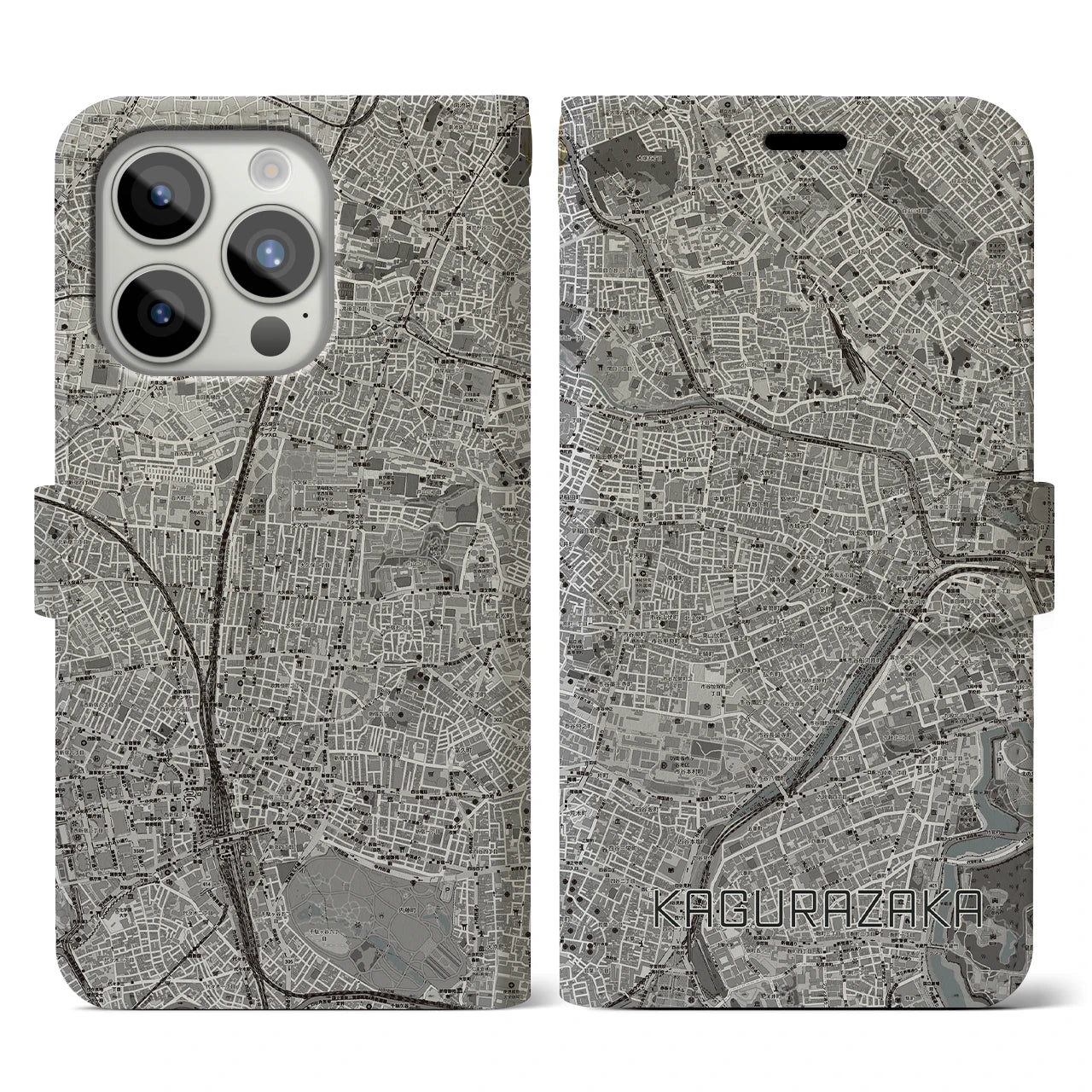 【神楽坂(東京都)】地図柄iPhoneケース(手帳タイプ)モノトーン・iPhone 15 Pro 用