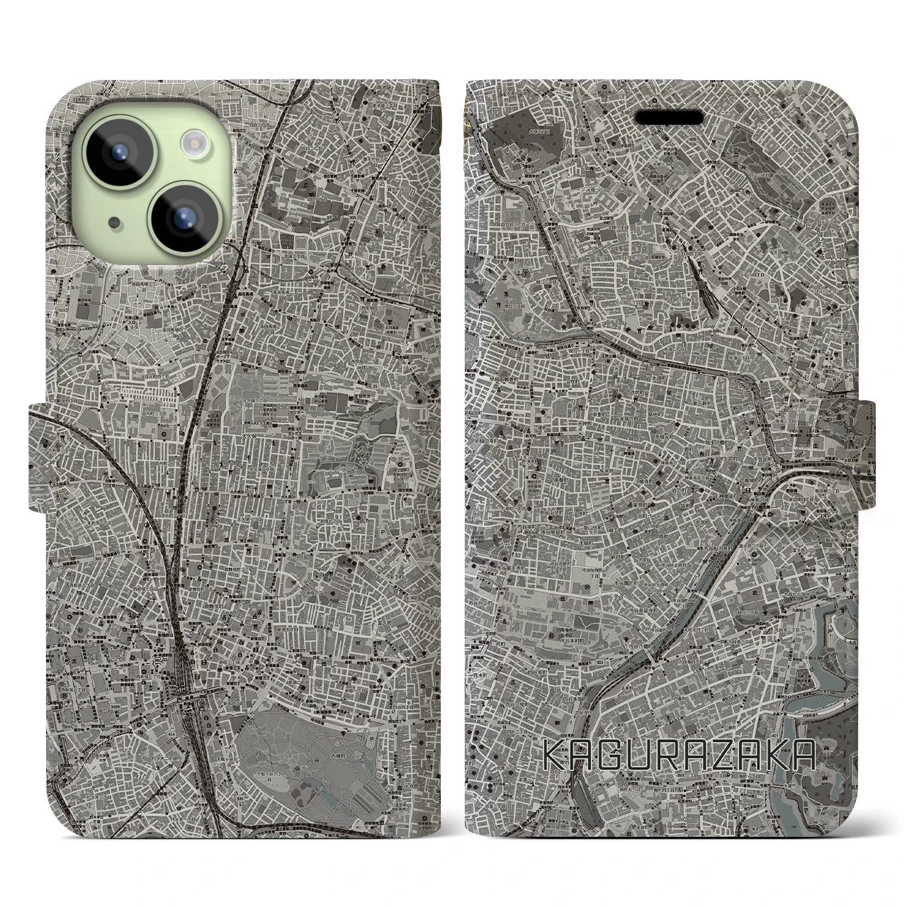 【神楽坂(東京都)】地図柄iPhoneケース(手帳タイプ)モノトーン・iPhone 15 用