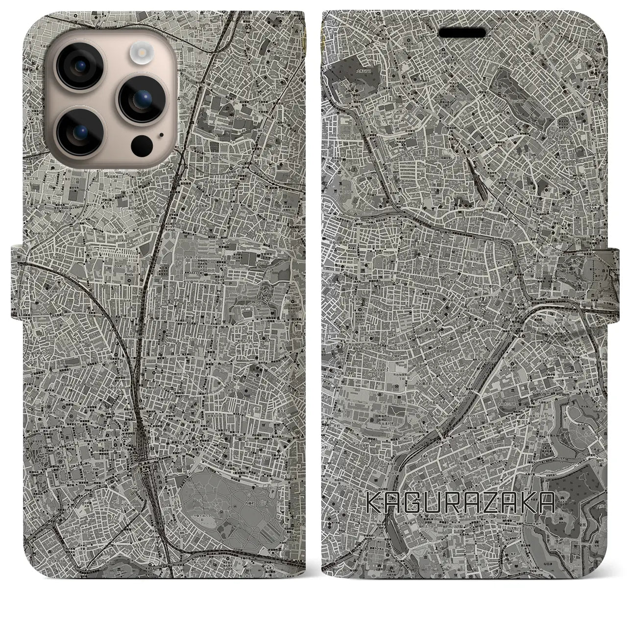 【神楽坂(東京都)】地図柄iPhoneケース(手帳タイプ)モノトーン・iPhone 16 Plus 用