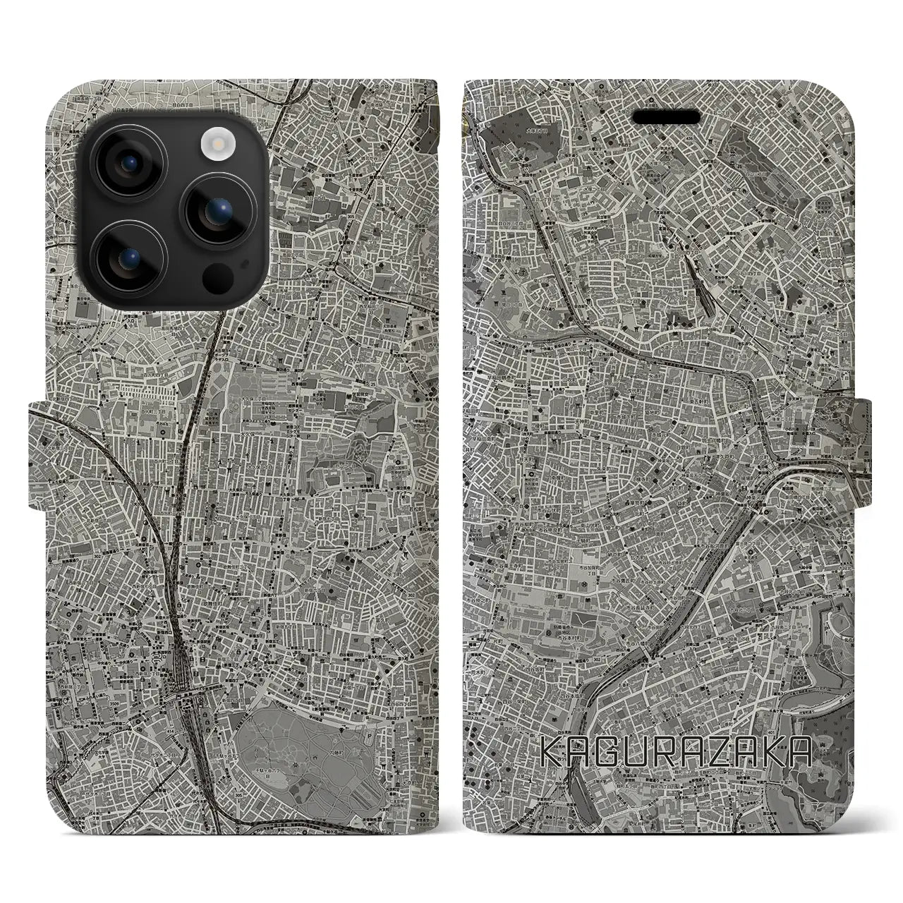 【神楽坂(東京都)】地図柄iPhoneケース(手帳タイプ)モノトーン・iPhone 16 用