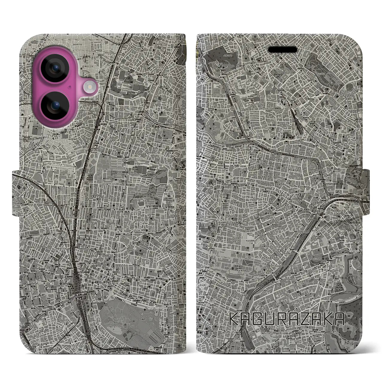 【神楽坂(東京都)】地図柄iPhoneケース(手帳タイプ)モノトーン・iPhone 16 Pro 用