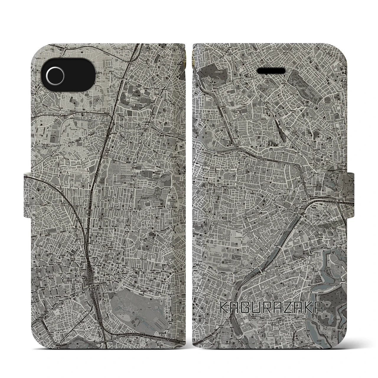 【神楽坂(東京都)】地図柄iPhoneケース(手帳タイプ)モノトーン・iPhone SE(第3 / 第2世代) / 8 / 7 / 6s / 6 用