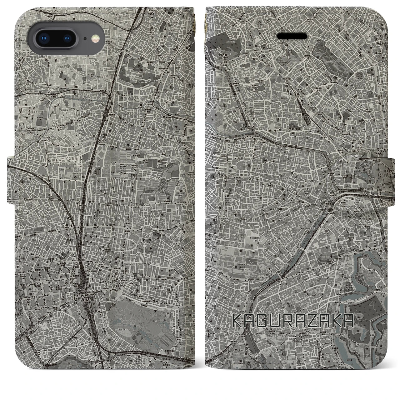 【神楽坂(東京都)】地図柄iPhoneケース(手帳タイプ)モノトーン・iPhone 8Plus /7Plus / 6sPlus / 6Plus 用