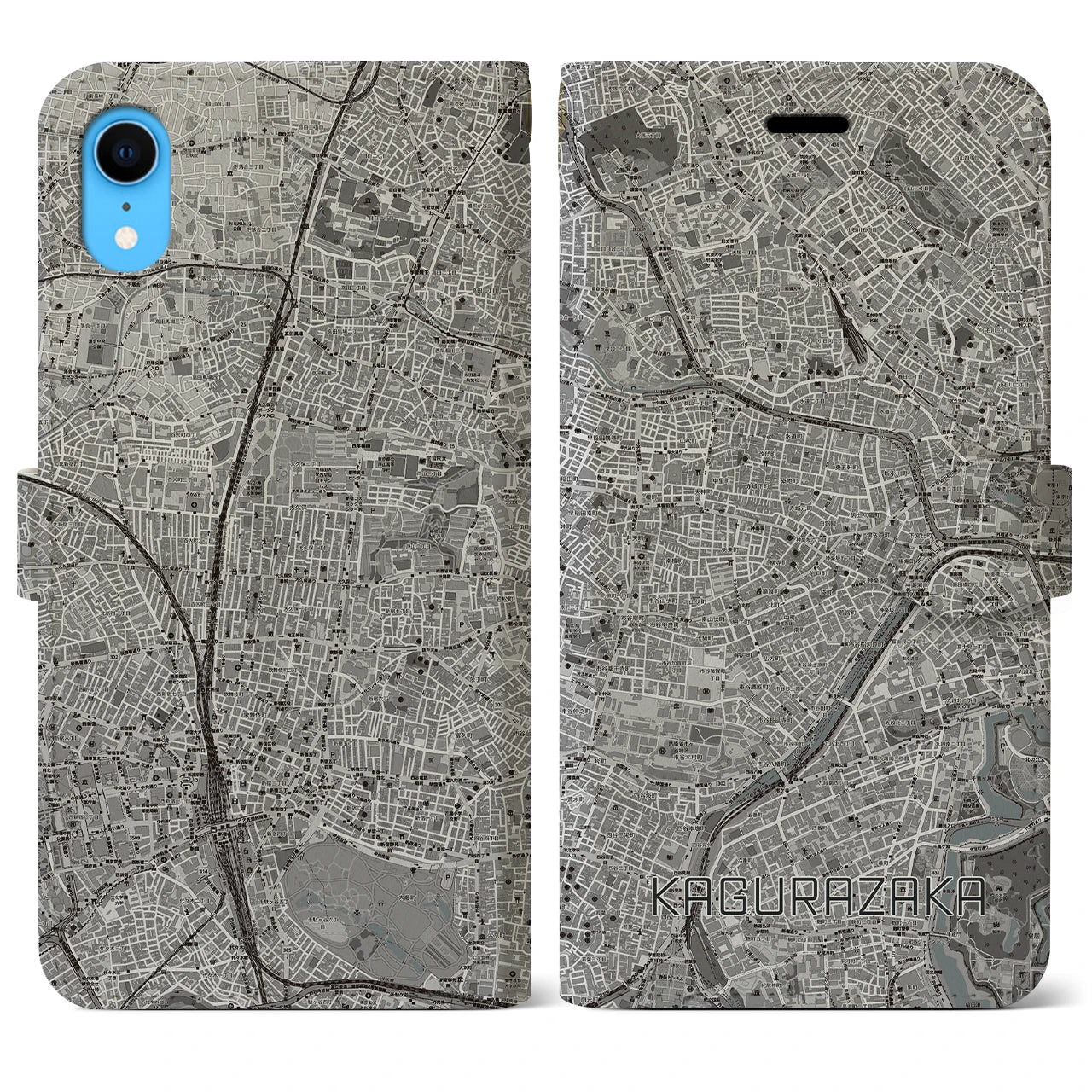 【神楽坂(東京都)】地図柄iPhoneケース(手帳タイプ)モノトーン・iPhone XR 用