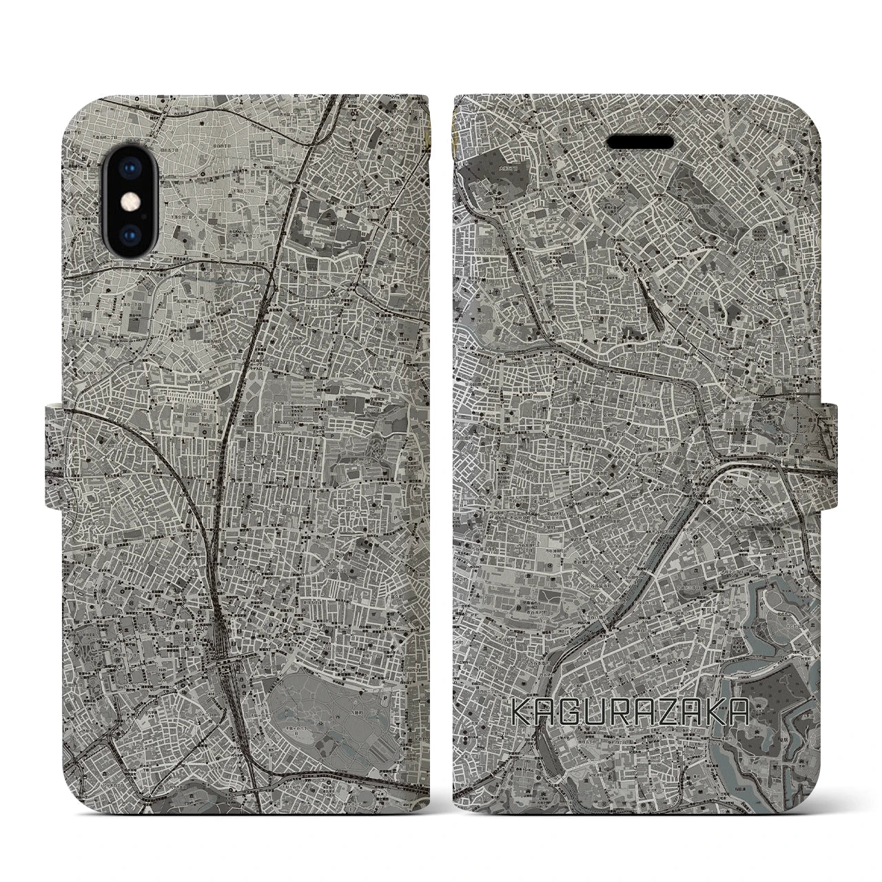 【神楽坂(東京都)】地図柄iPhoneケース(手帳タイプ)モノトーン・iPhone XS / X 用
