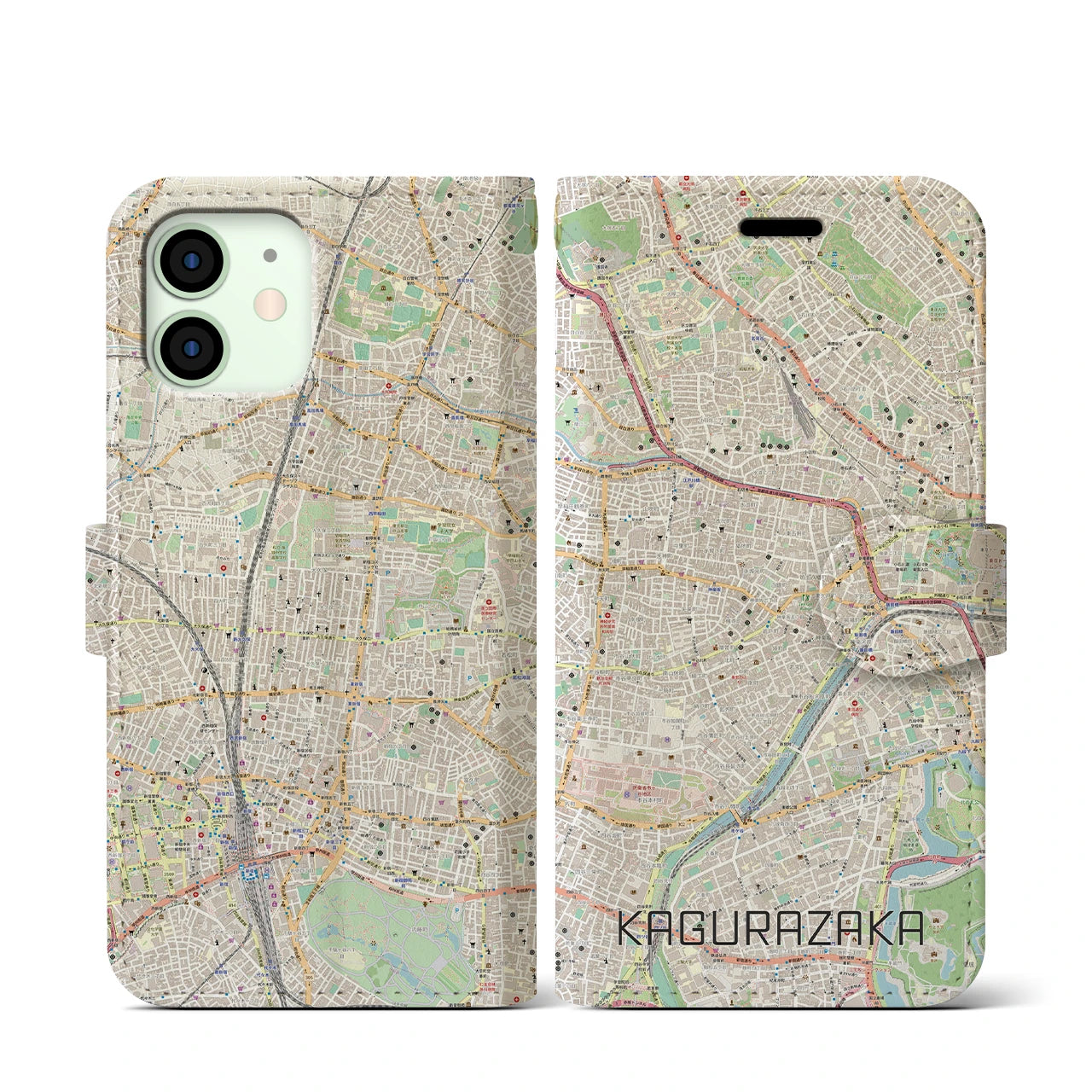 【神楽坂(東京都)】地図柄iPhoneケース(手帳タイプ)ナチュラル・iPhone 12 mini 用