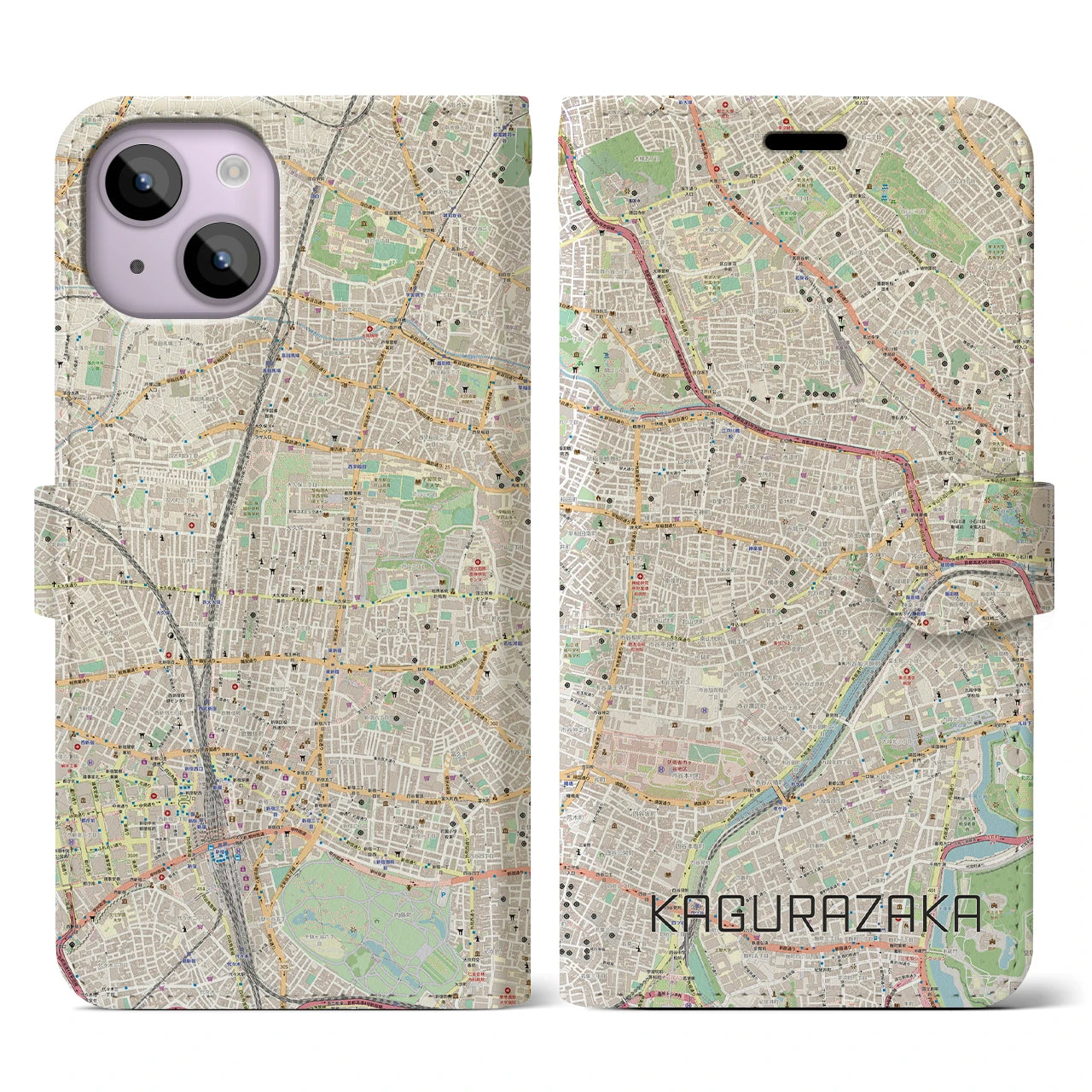 【神楽坂(東京都)】地図柄iPhoneケース(手帳タイプ)ナチュラル・iPhone 14 用