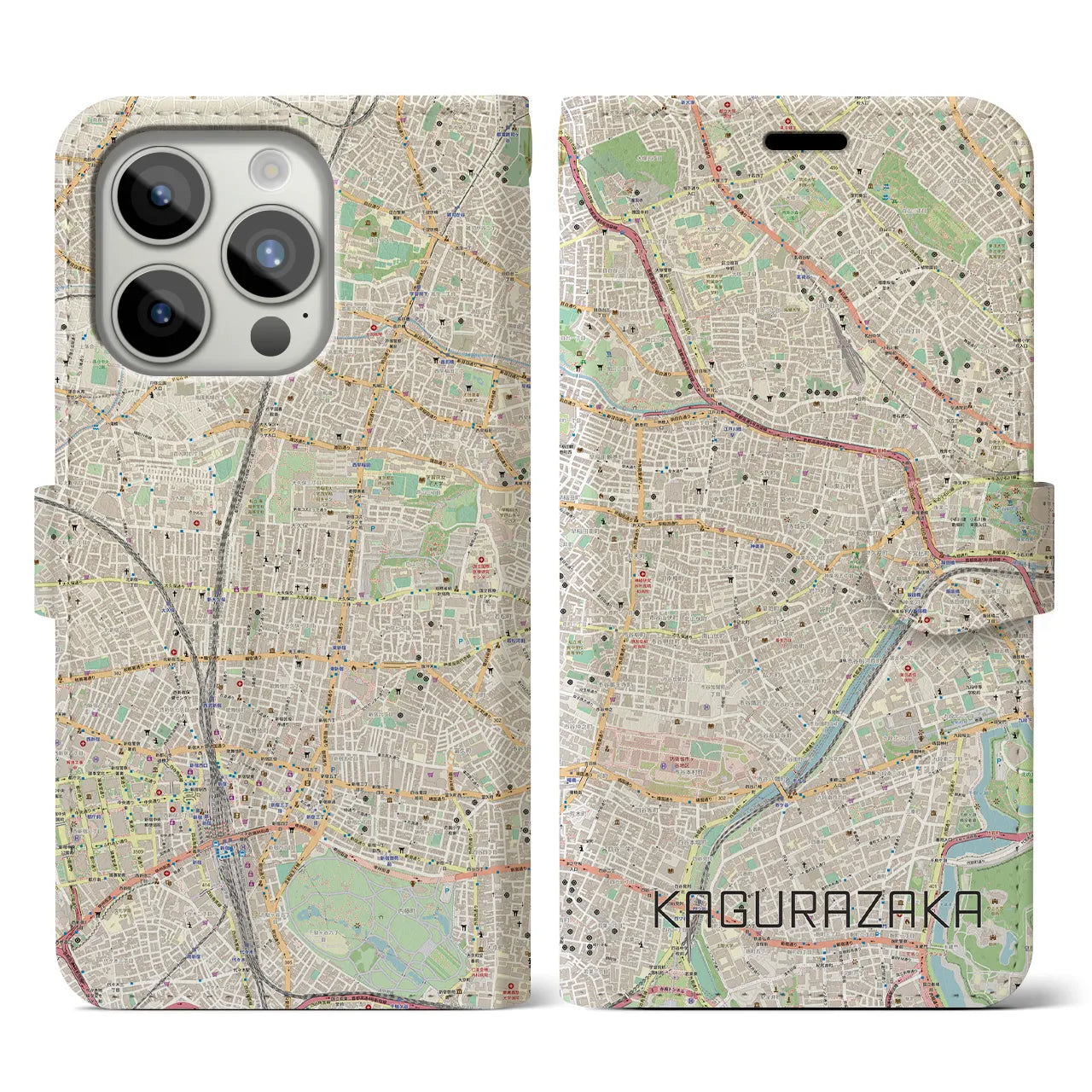 【神楽坂(東京都)】地図柄iPhoneケース(手帳タイプ)ナチュラル・iPhone 15 Pro 用
