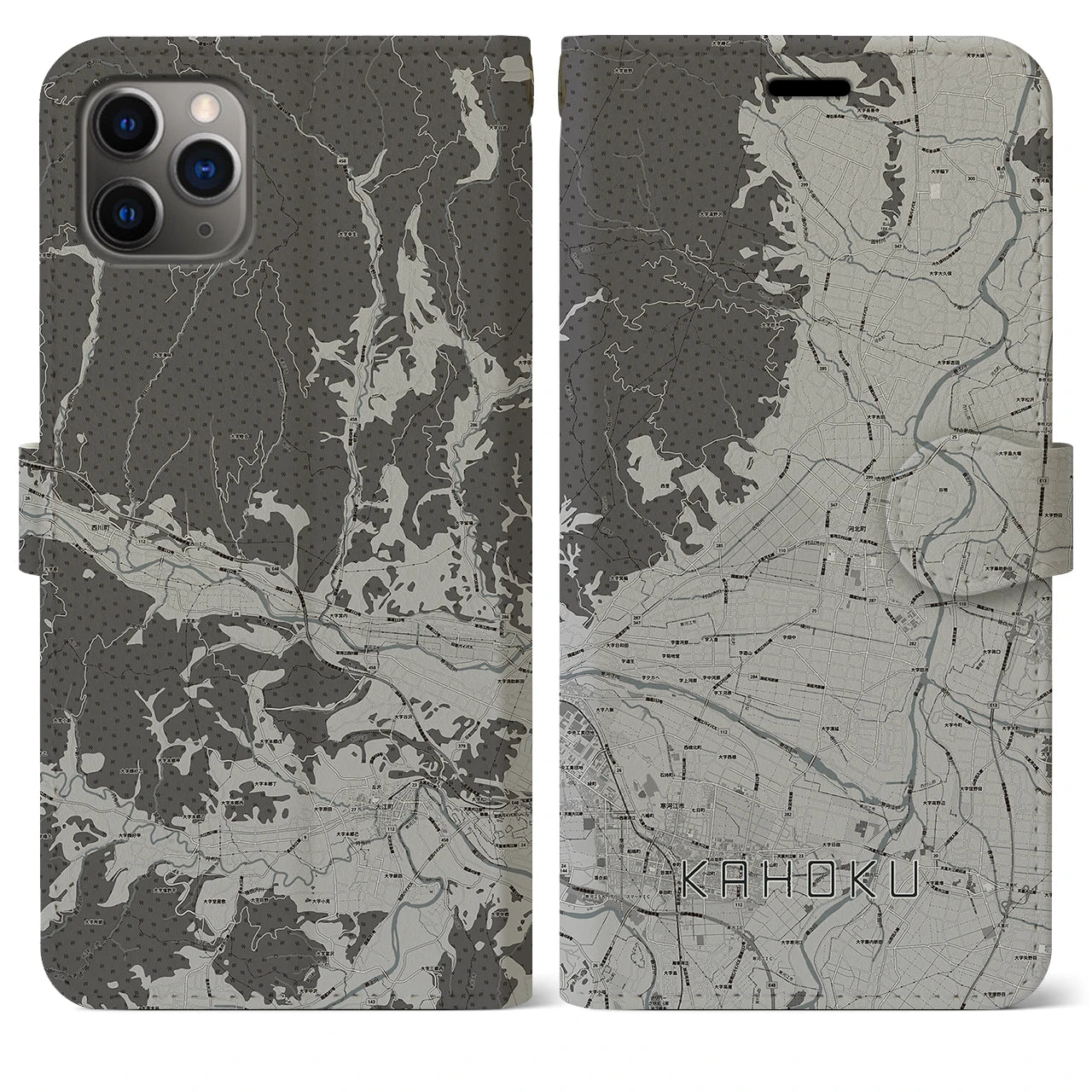 【河北(山形県)】地図柄iPhoneケース(手帳タイプ)モノトーン・iPhone 11 Pro Max 用