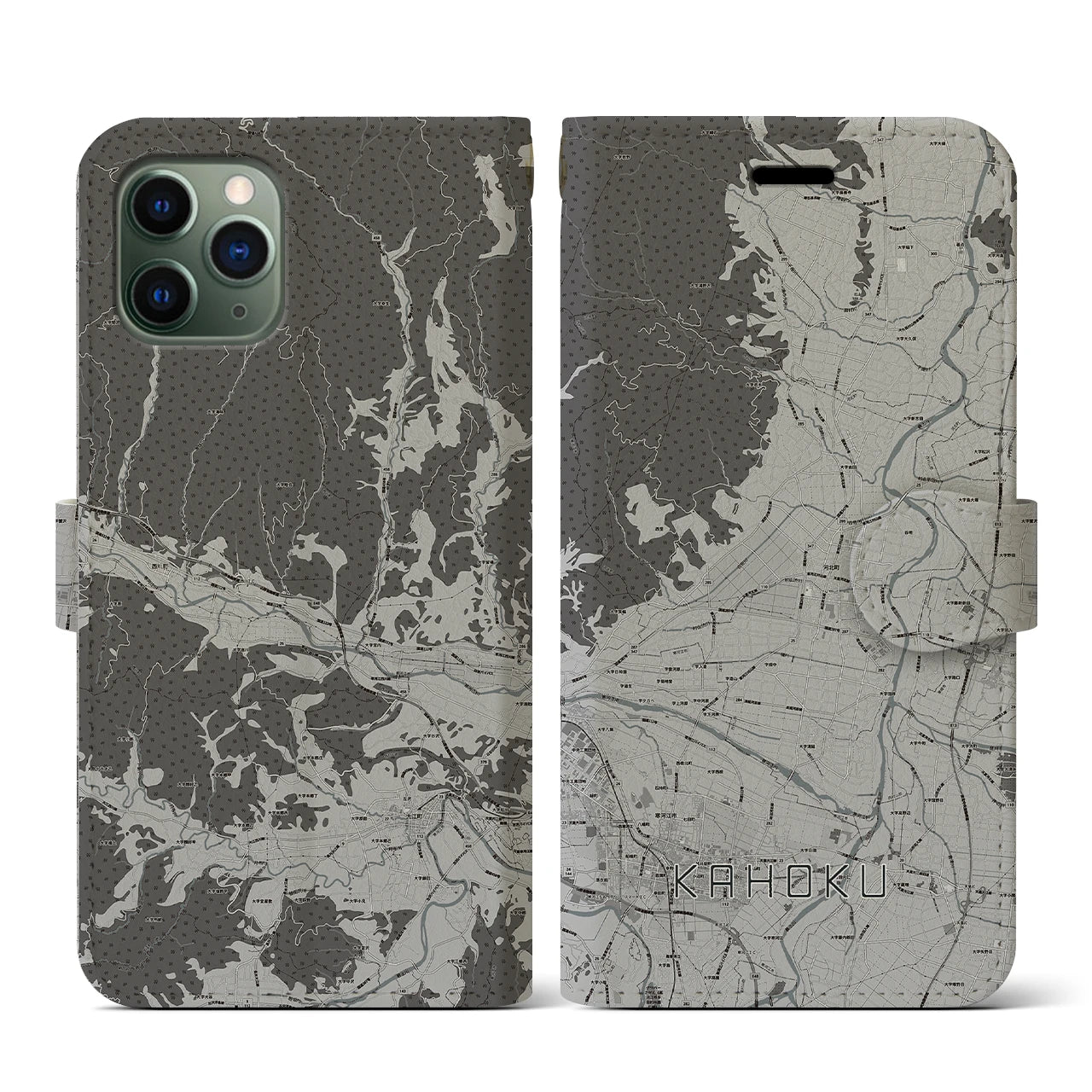 【河北(山形県)】地図柄iPhoneケース(手帳タイプ)モノトーン・iPhone 11 Pro 用