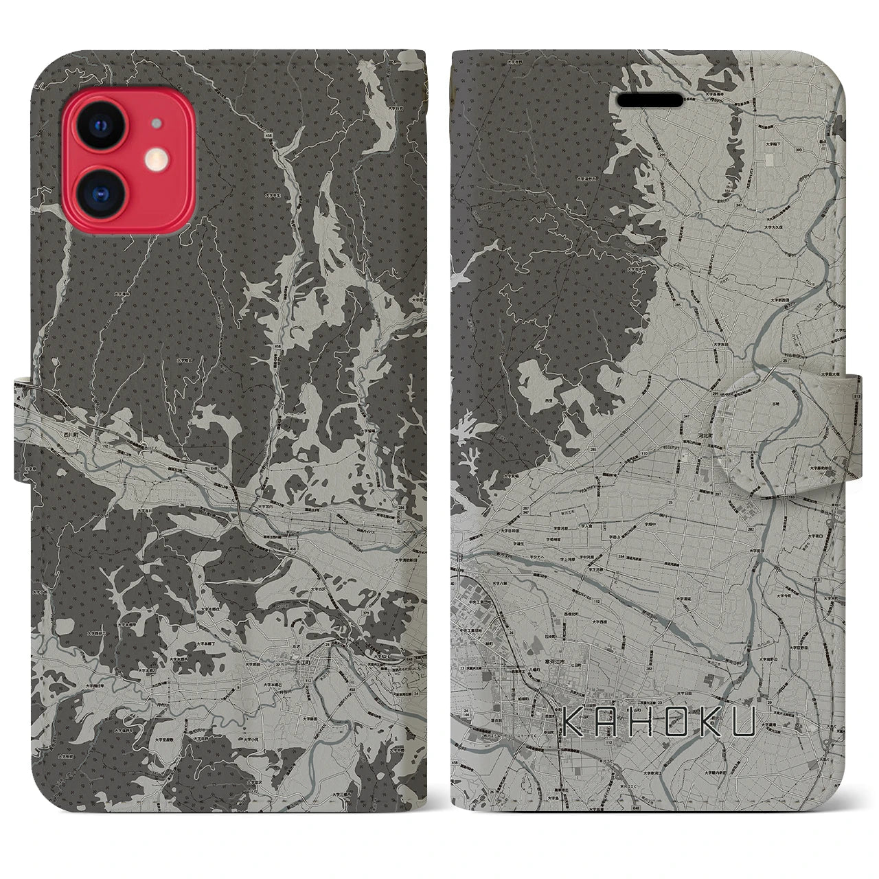 【河北(山形県)】地図柄iPhoneケース(手帳タイプ)モノトーン・iPhone 11 用