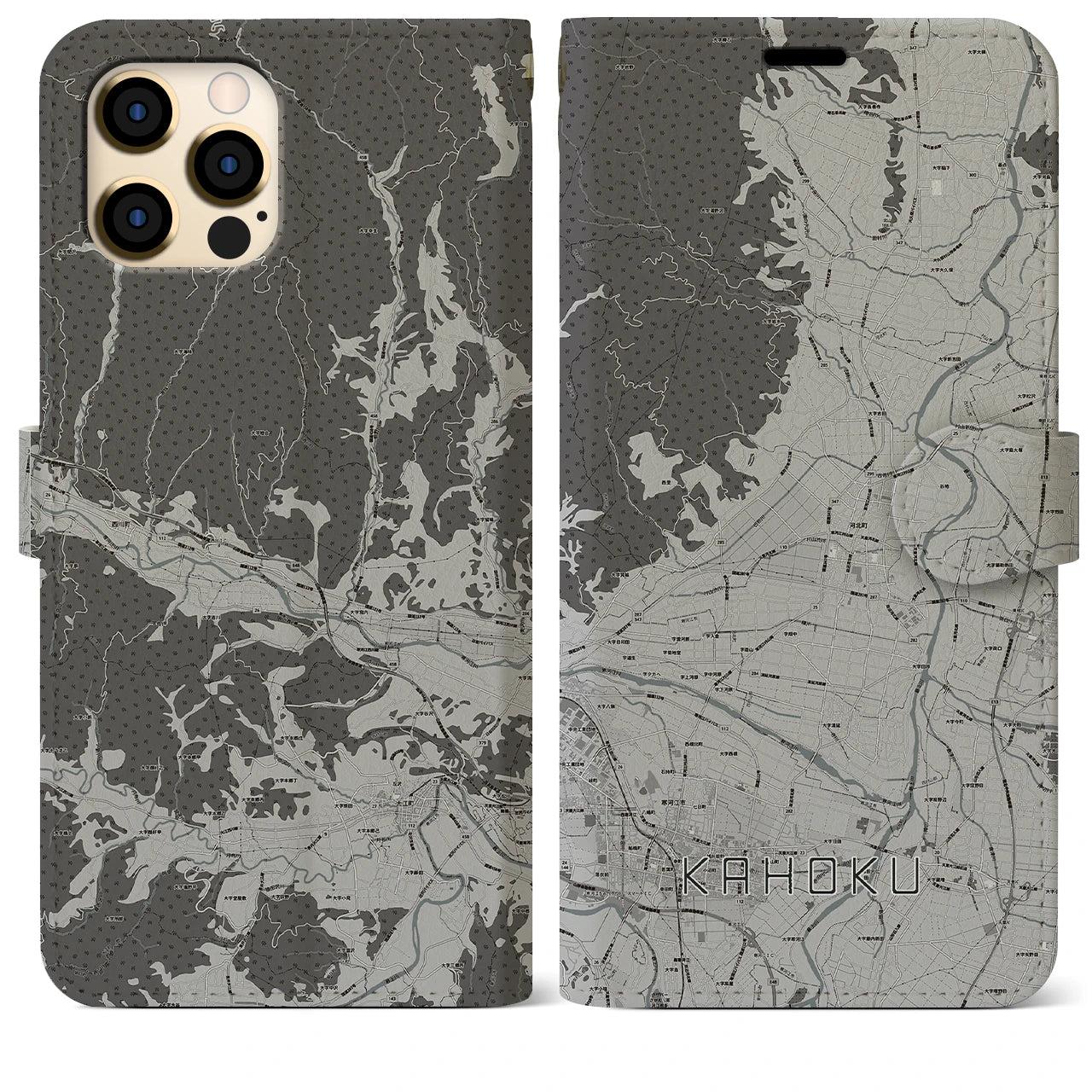 【河北(山形県)】地図柄iPhoneケース(手帳タイプ)モノトーン・iPhone 12 Pro Max 用