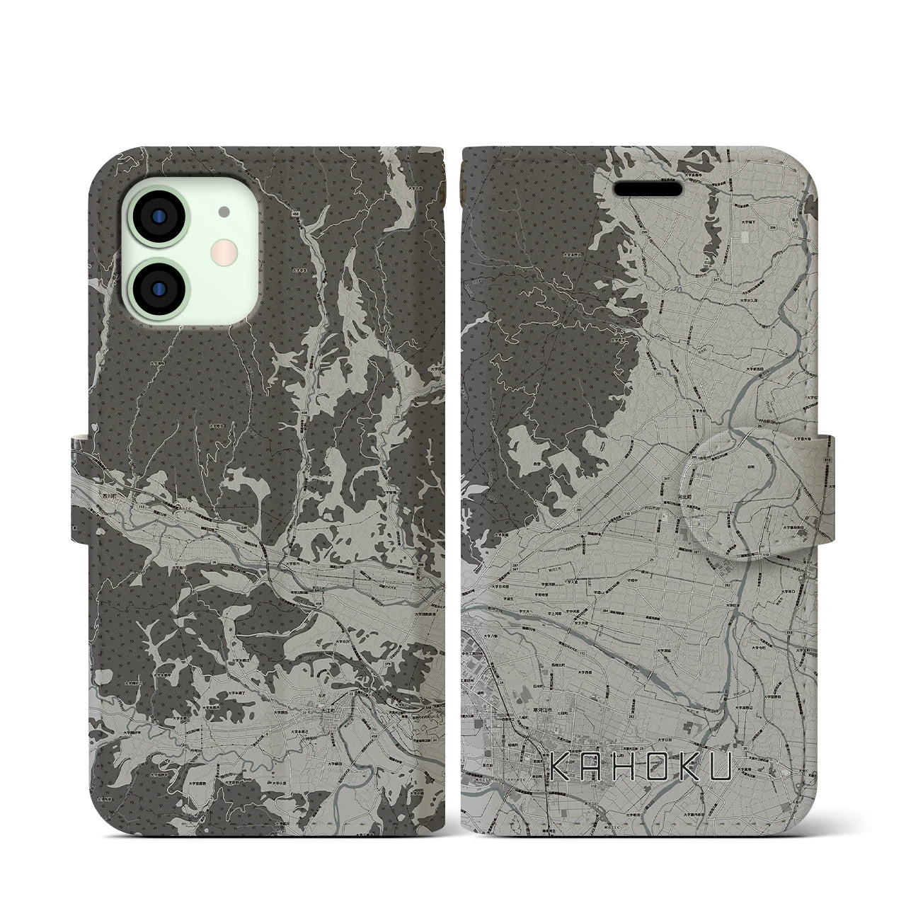 【河北(山形県)】地図柄iPhoneケース(手帳タイプ)モノトーン・iPhone 12 mini 用