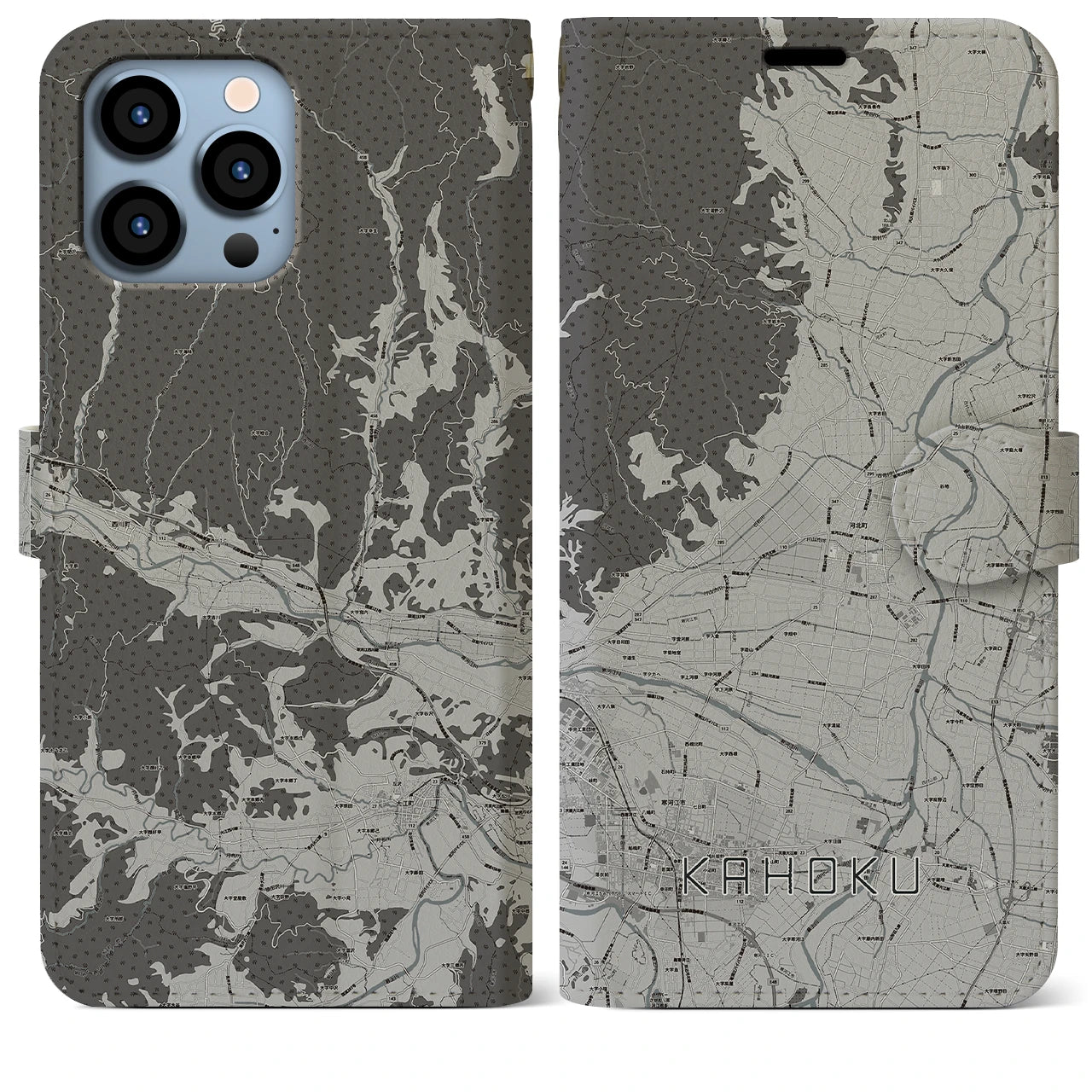 【河北(山形県)】地図柄iPhoneケース(手帳タイプ)モノトーン・iPhone 13 Pro Max 用