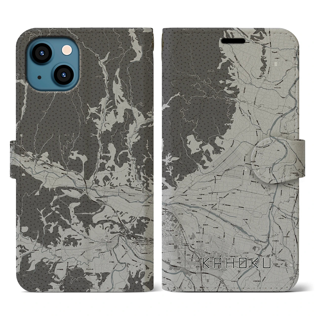 【河北(山形県)】地図柄iPhoneケース(手帳タイプ)モノトーン・iPhone 13 用