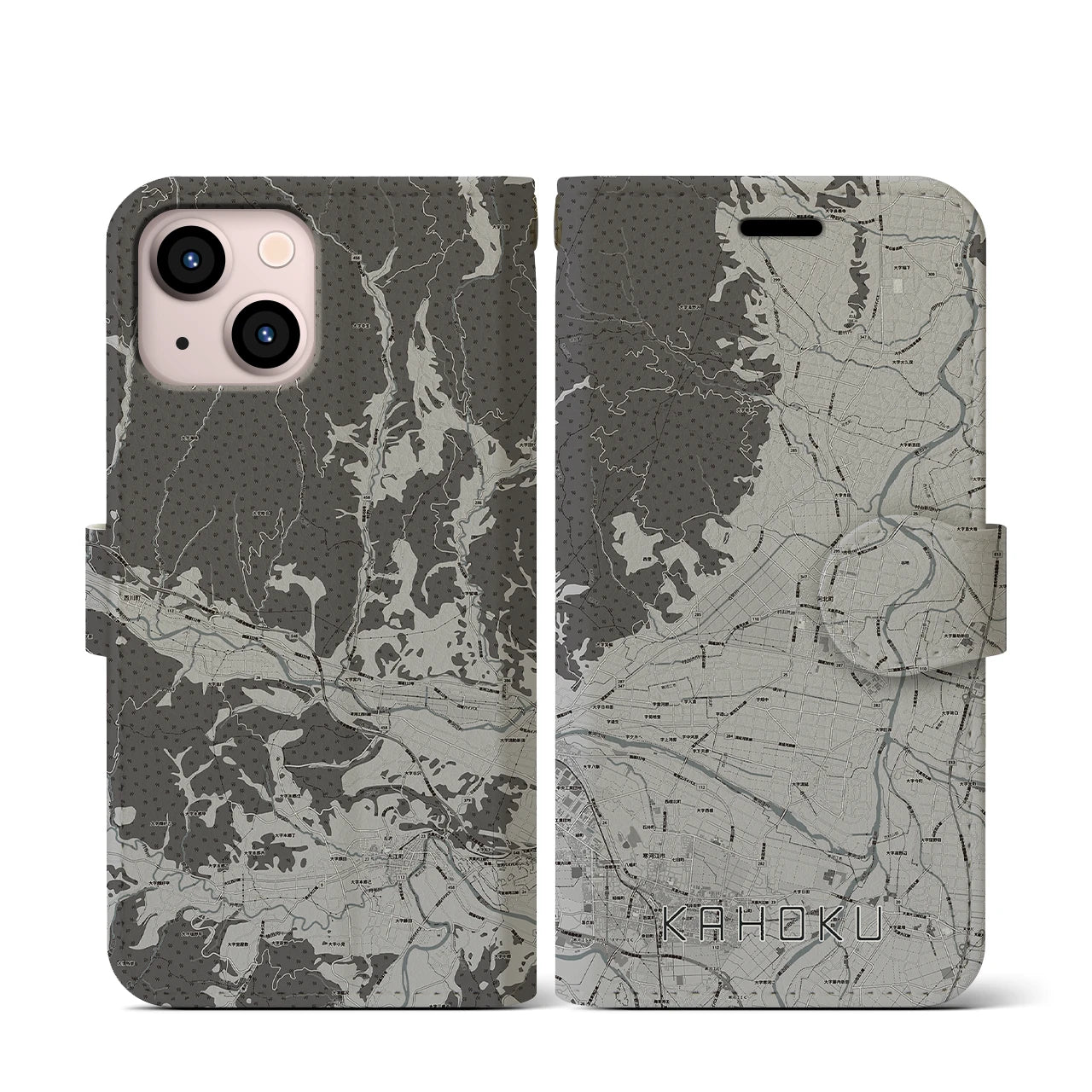 【河北(山形県)】地図柄iPhoneケース(手帳タイプ)モノトーン・iPhone 13 mini 用