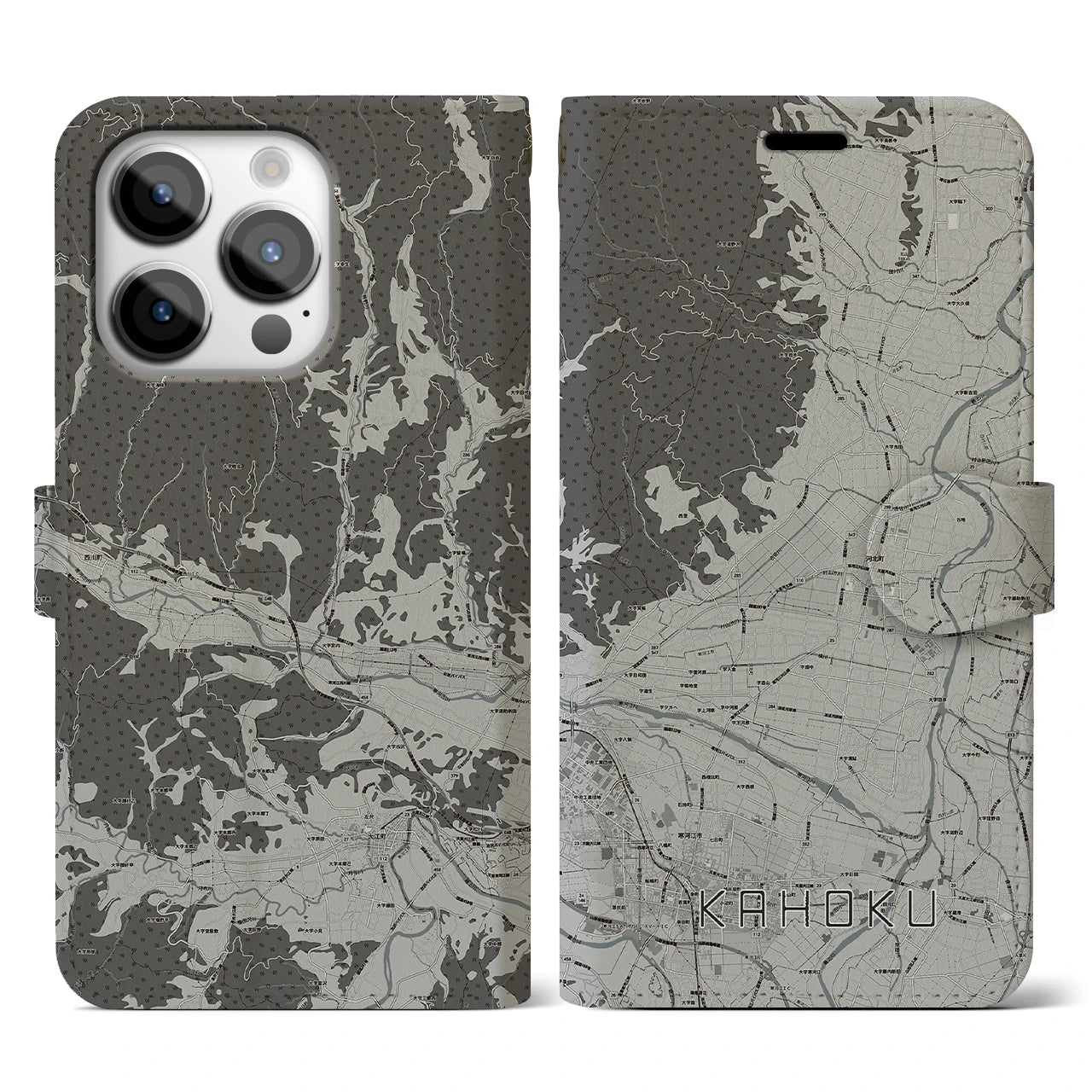 【河北(山形県)】地図柄iPhoneケース(手帳タイプ)モノトーン・iPhone 14 Pro 用