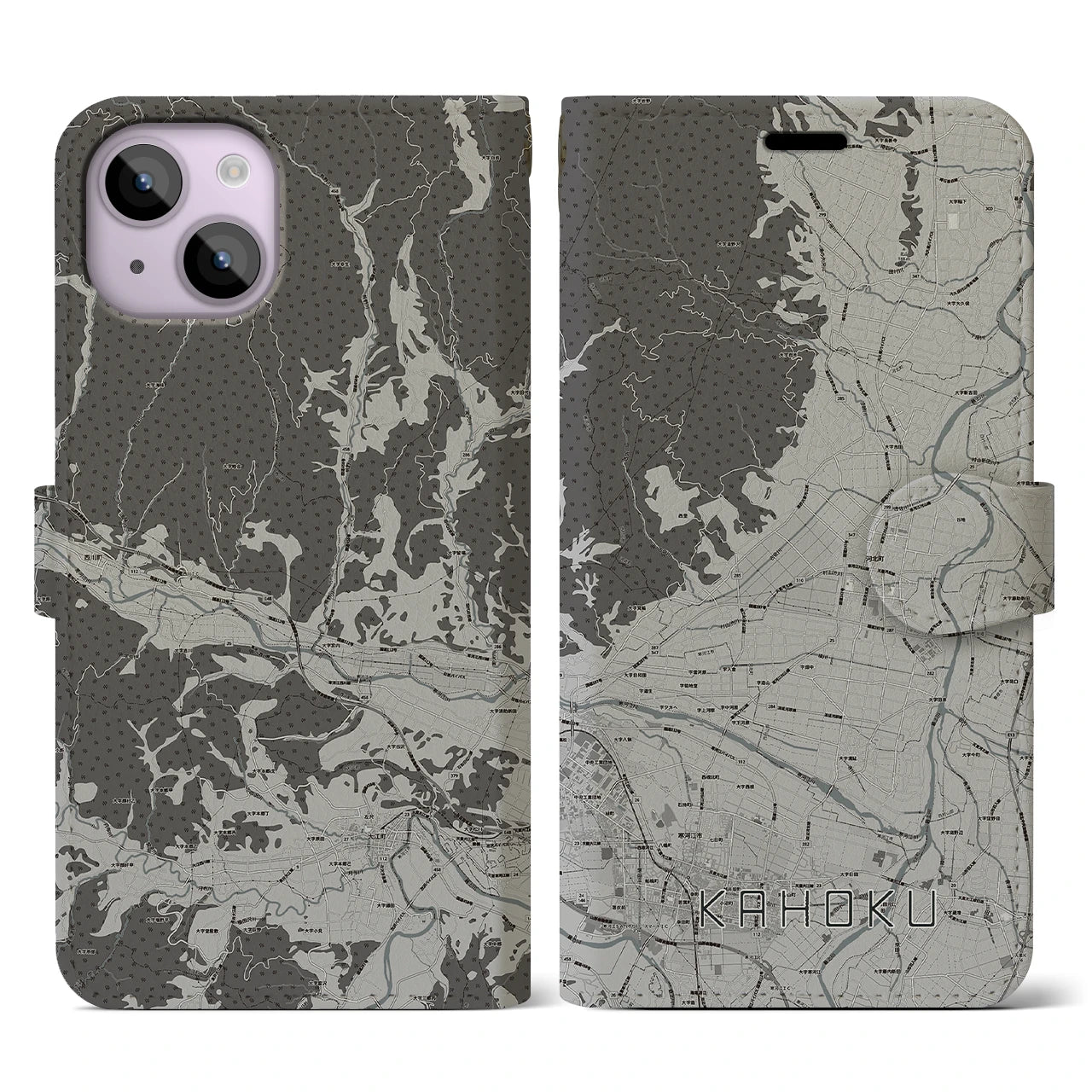 【河北(山形県)】地図柄iPhoneケース(手帳タイプ)モノトーン・iPhone 14 用