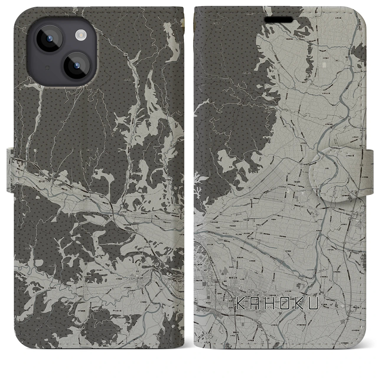 【河北(山形県)】地図柄iPhoneケース(手帳タイプ)モノトーン・iPhone 14 Plus 用