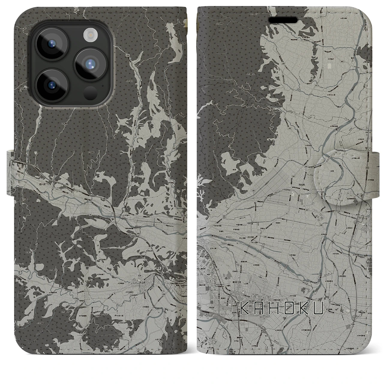 【河北(山形県)】地図柄iPhoneケース(手帳タイプ)モノトーン・iPhone 15 Pro Max 用