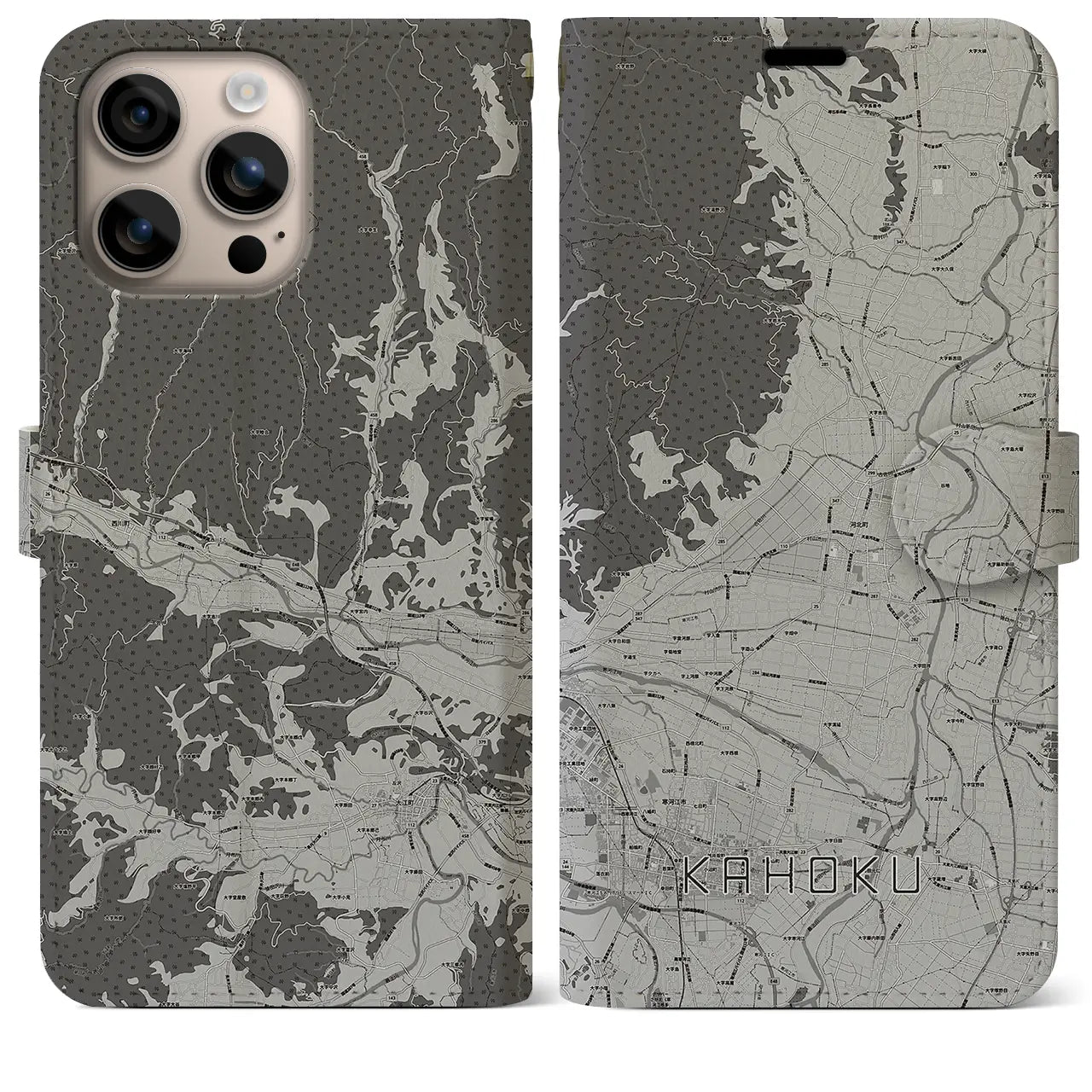 【河北(山形県)】地図柄iPhoneケース(手帳タイプ)モノトーン・iPhone 16 Plus 用